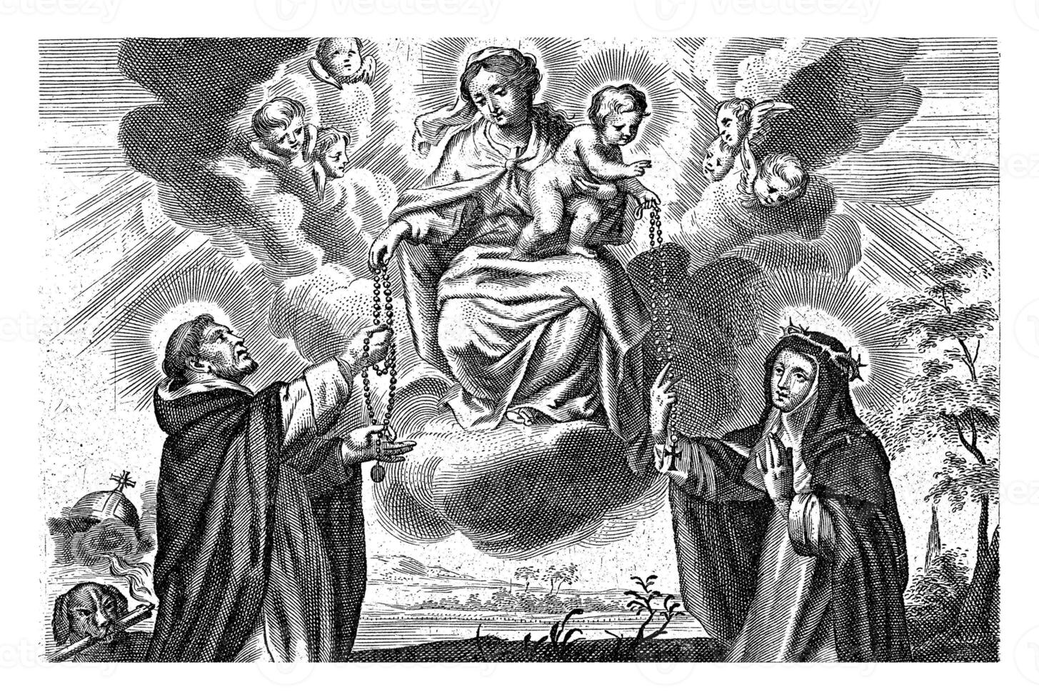 Maria met kind en heilige dominic en catherine van siena, cornelis Galle ik, 1638 - 1678 foto