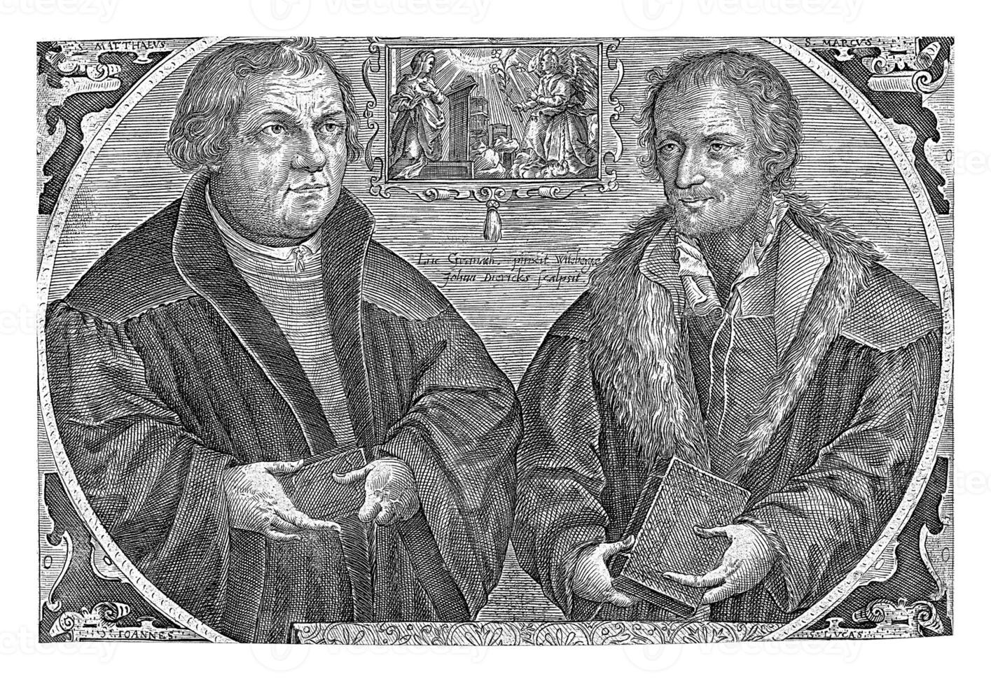 dubbele portret van Martin Luther en filip melanchthon met aankondiging, jan diricks busje kamperen foto