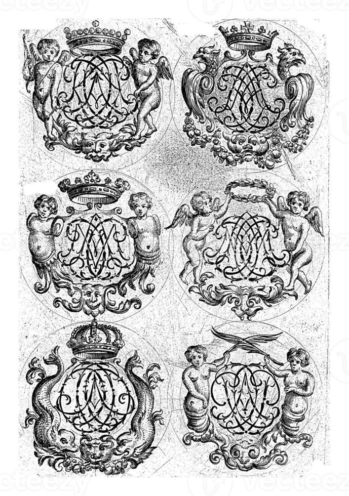 zes toegekend cartouches met brief monogrammen ak-aop, daniël de lafeuille, c. 1690 - c. 1691 foto