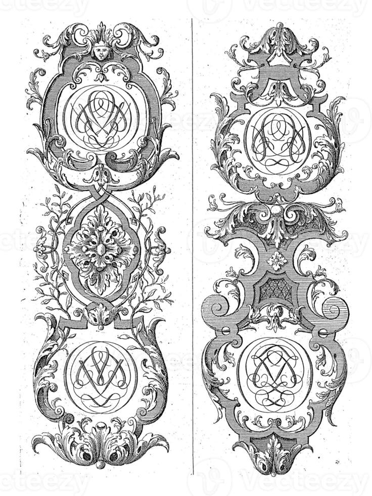 twee verticaal ornamenten van blad wijnstokken en met monogrammen, gerit visscher, 1690 - 1710 foto