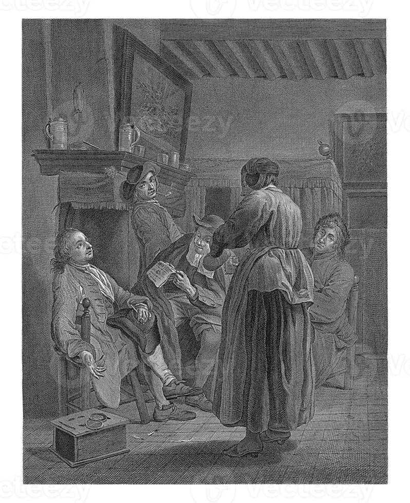 vier mannen in een interieur, een hulp in de huishouding gieten bier, nicolas Joseph voyez, na jan josef horemans ik, 1752 - 1779 foto