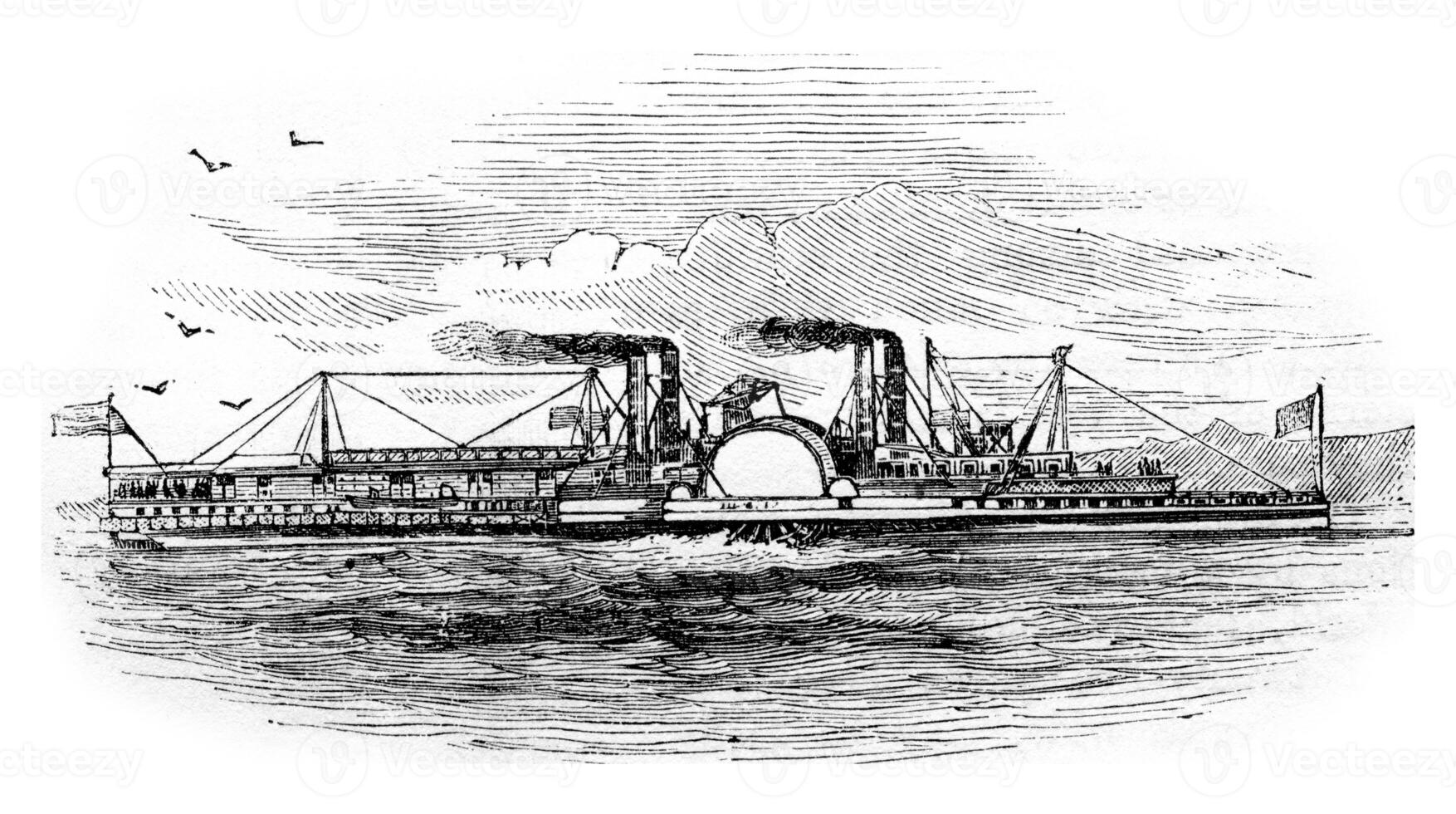 Mississippi stoomboot, wijnoogst gravure. foto