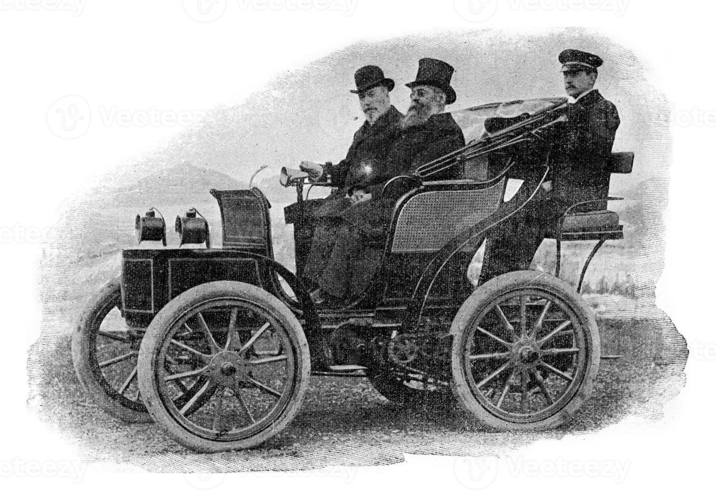 elektrisch landaulet, wijnoogst gravure. foto