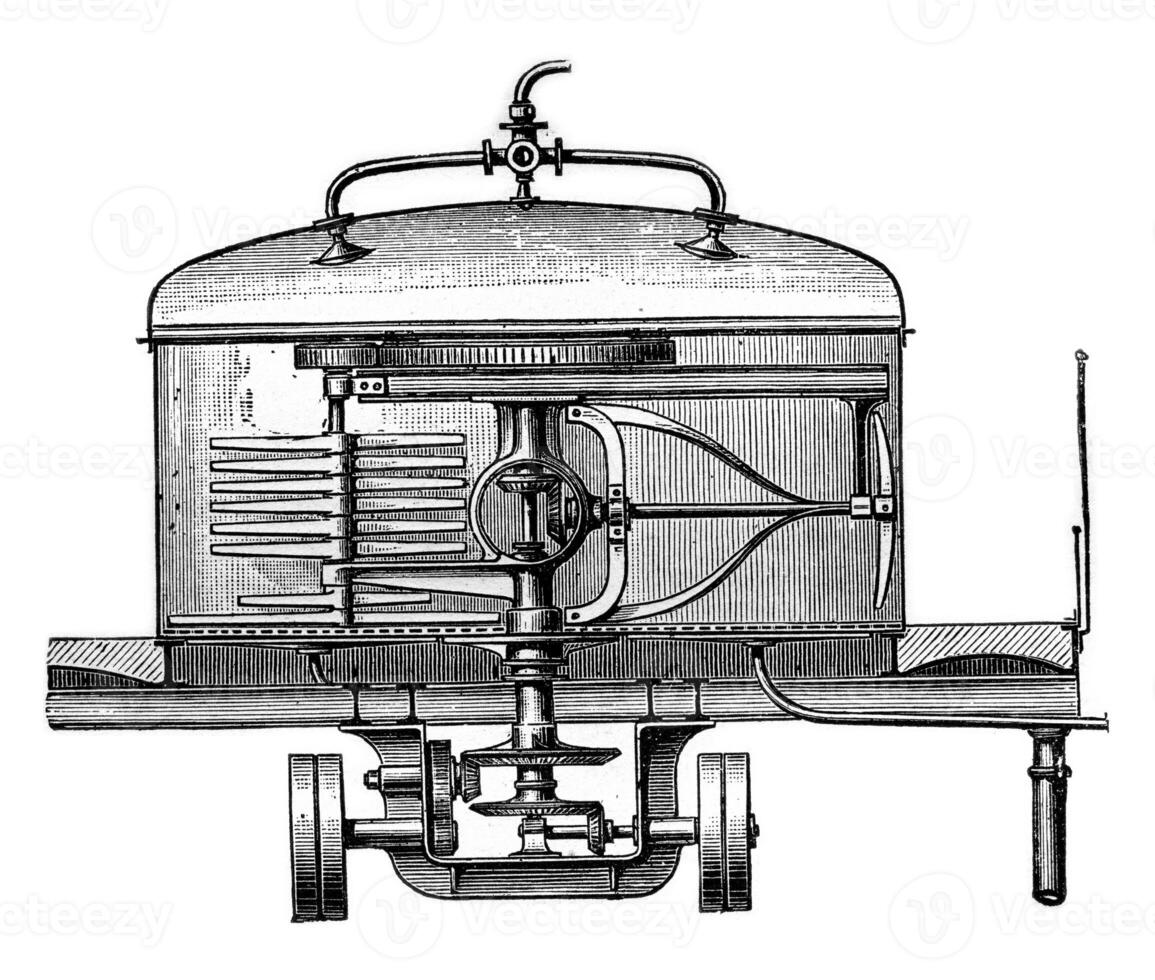 tank materiaal met stoom- propeller, wijnoogst gravure. foto