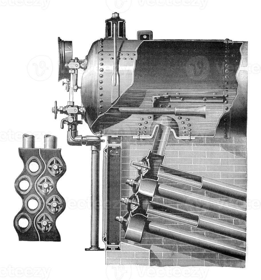 babcock en wilcox boiler, wijnoogst gravure. foto