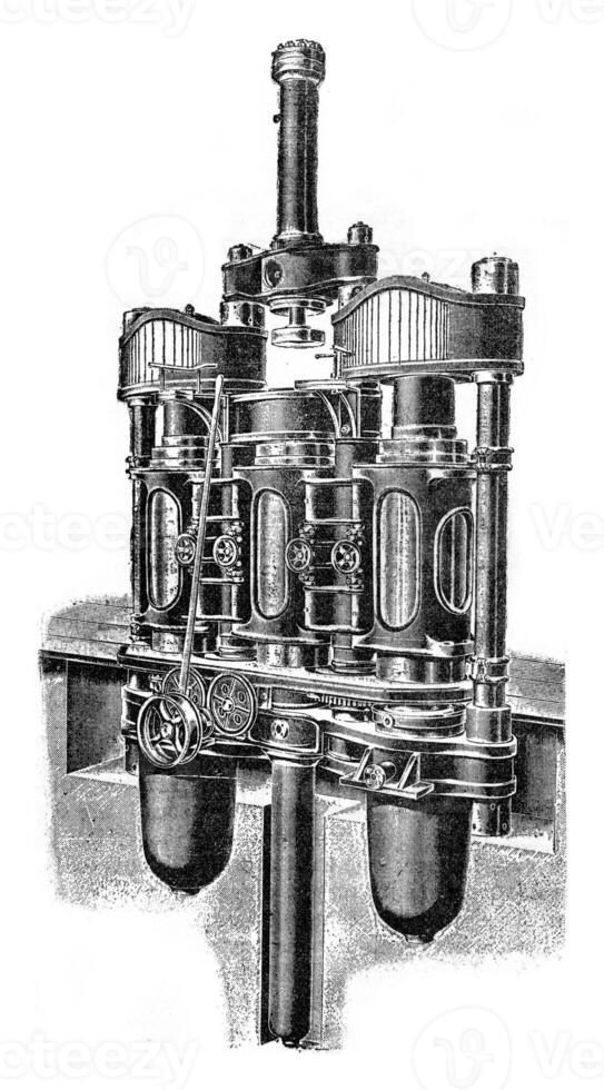 verbinding persen accu, wijnoogst gravure. foto