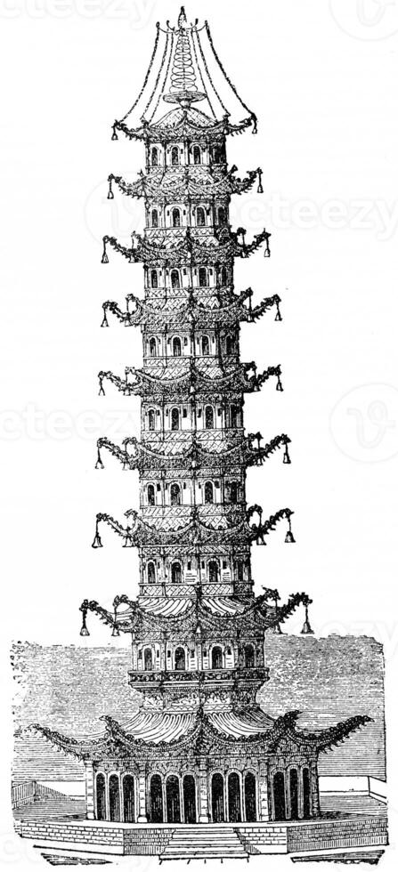 porselein toren of porselein pagode, wijnoogst gravure. foto