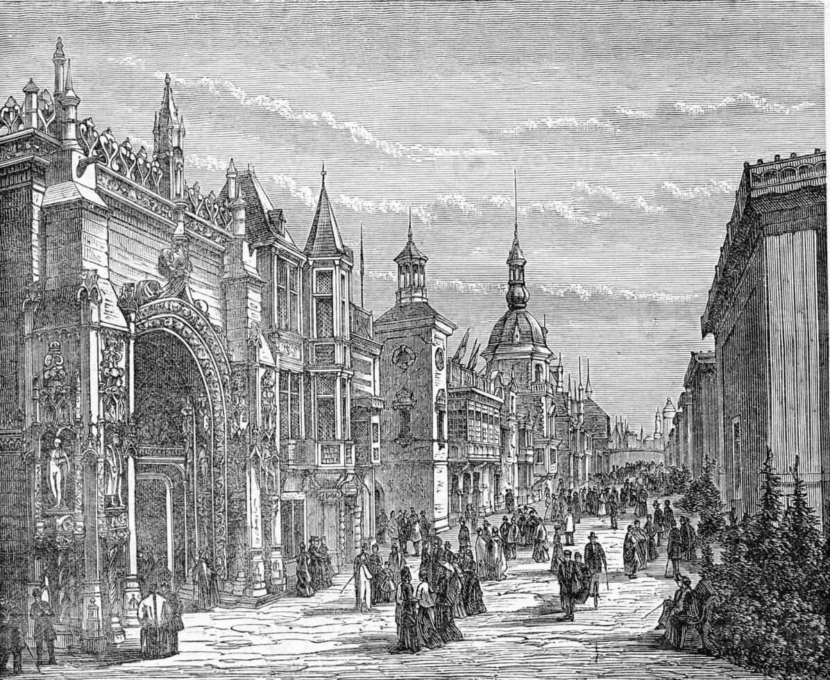 straat van landen Bij de paleis van de champ de Mars, wijnoogst gravure. foto