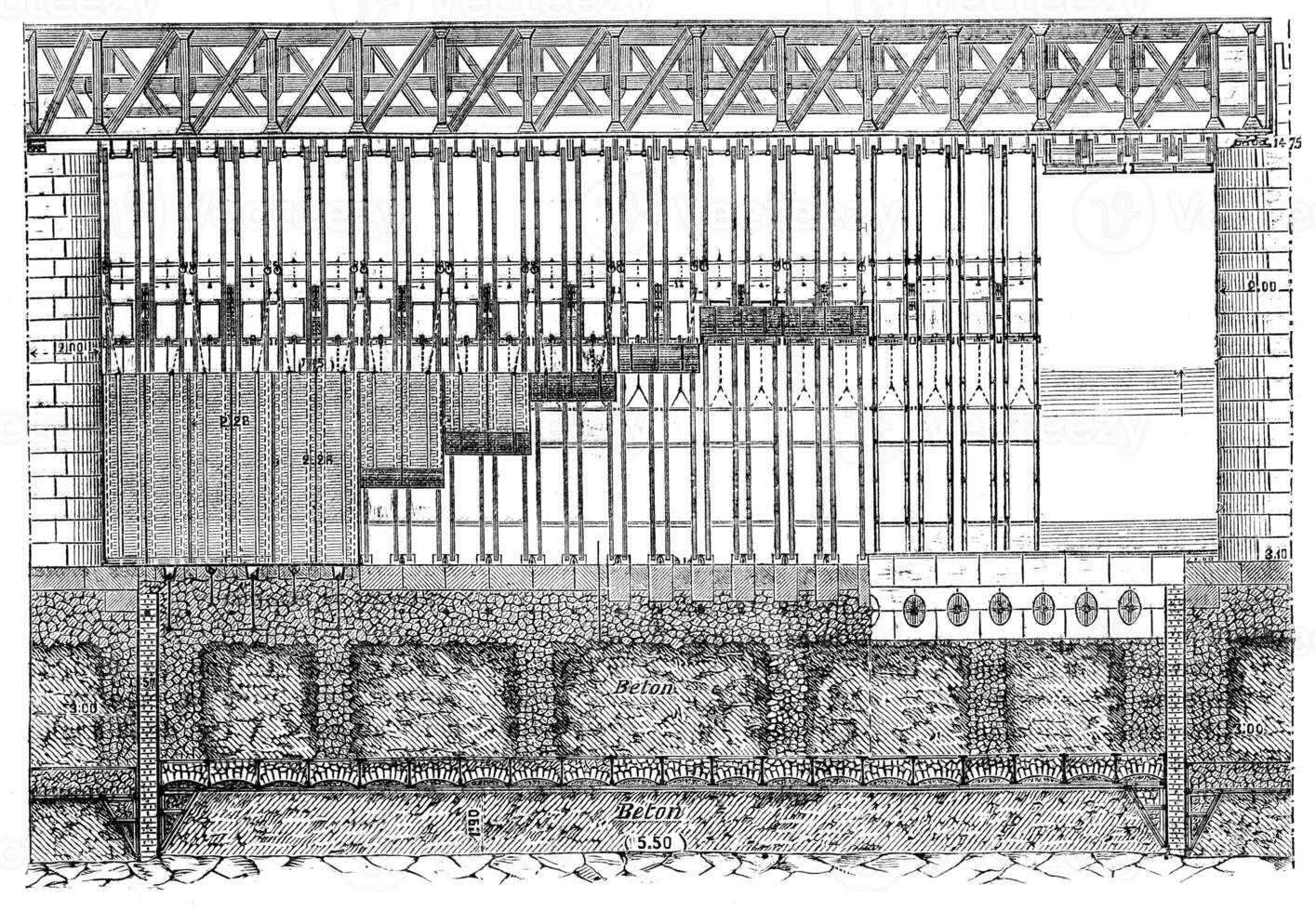 verhoging bedrag van een bevaarbaar kanaal van de poses dam, wijnoogst gravure. foto