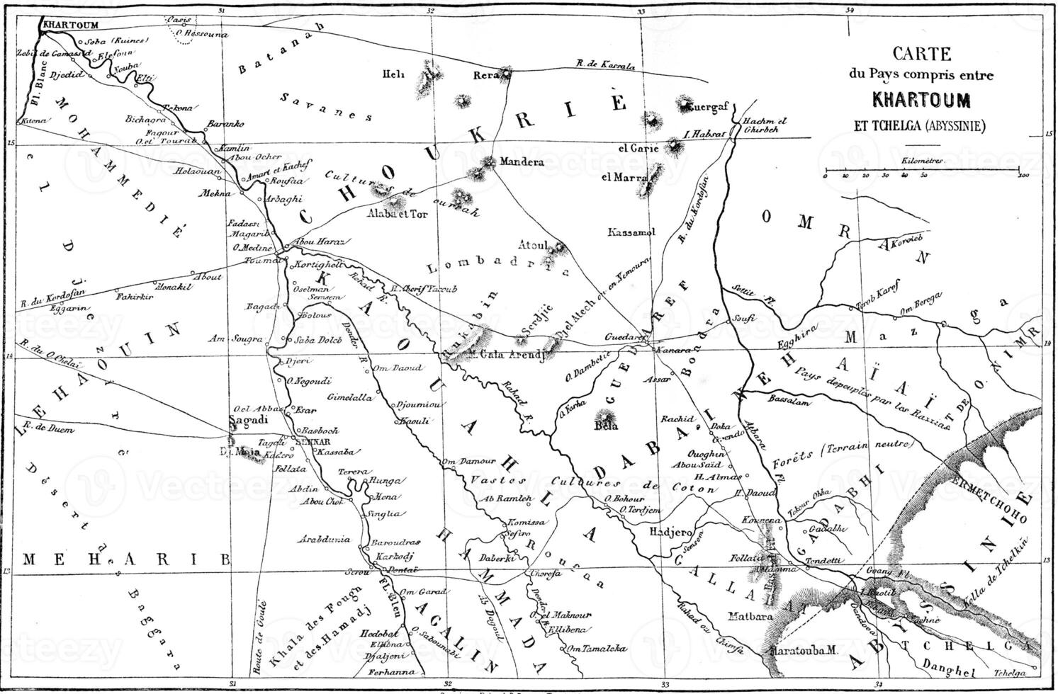 kaart van de land tussen Khartoum en Tchelga, wijnoogst gravure. foto