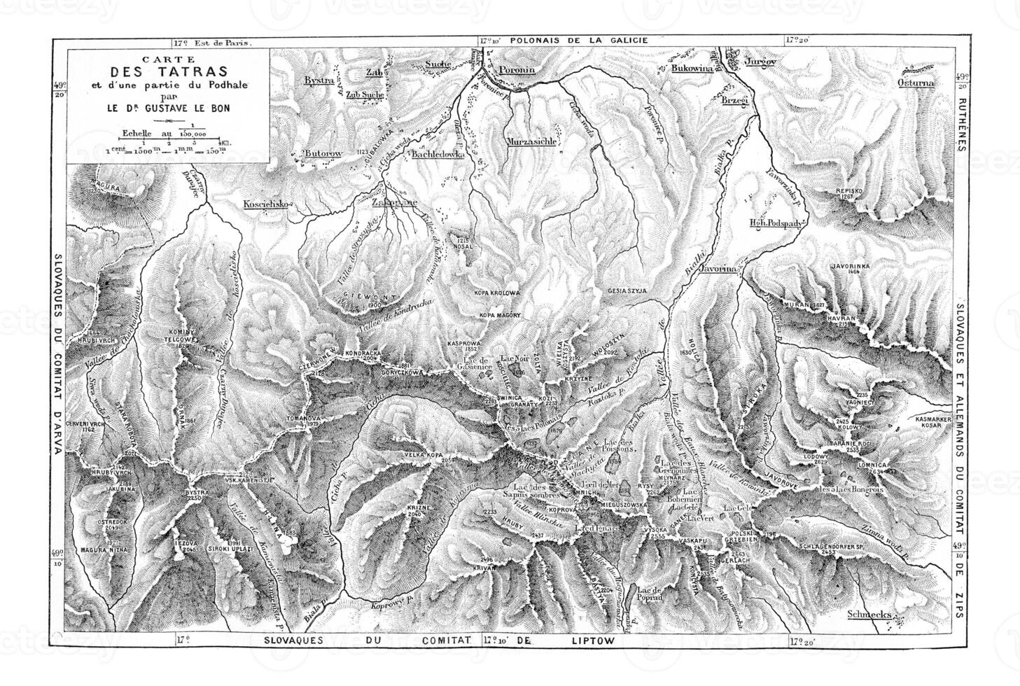 kaart van de tatra berg bereik, wijnoogst gravure foto