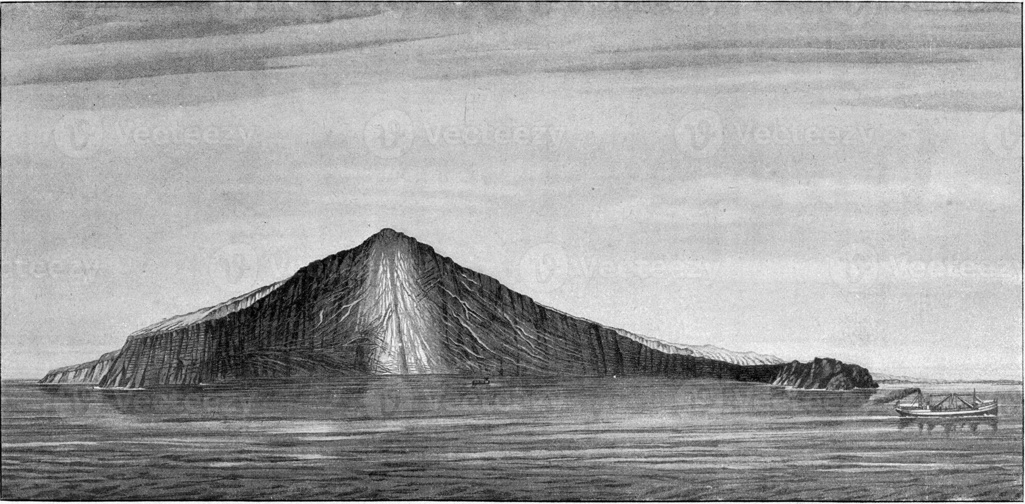 loopgraaf geproduceerd door de uitbarsting van 1883 krakatau vulkaan in de zeestraat van ijscoupe, wijnoogst gravure. foto
