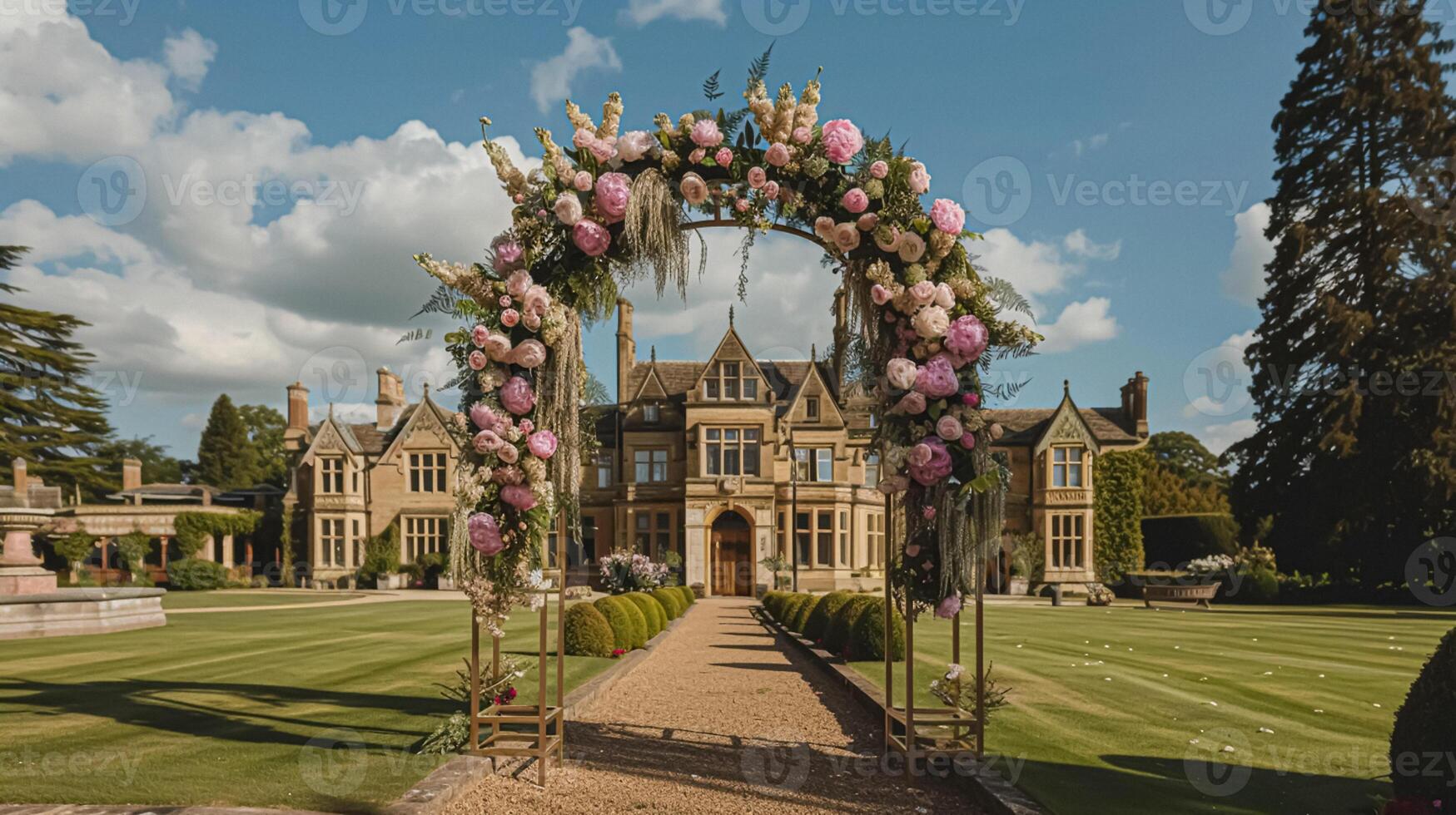 ai gegenereerd bruiloft decoratie met pioenrozen, bloemen decor en evenement viering, pioen bloemen en bruiloft ceremonie in de tuin, Engels land stijl foto