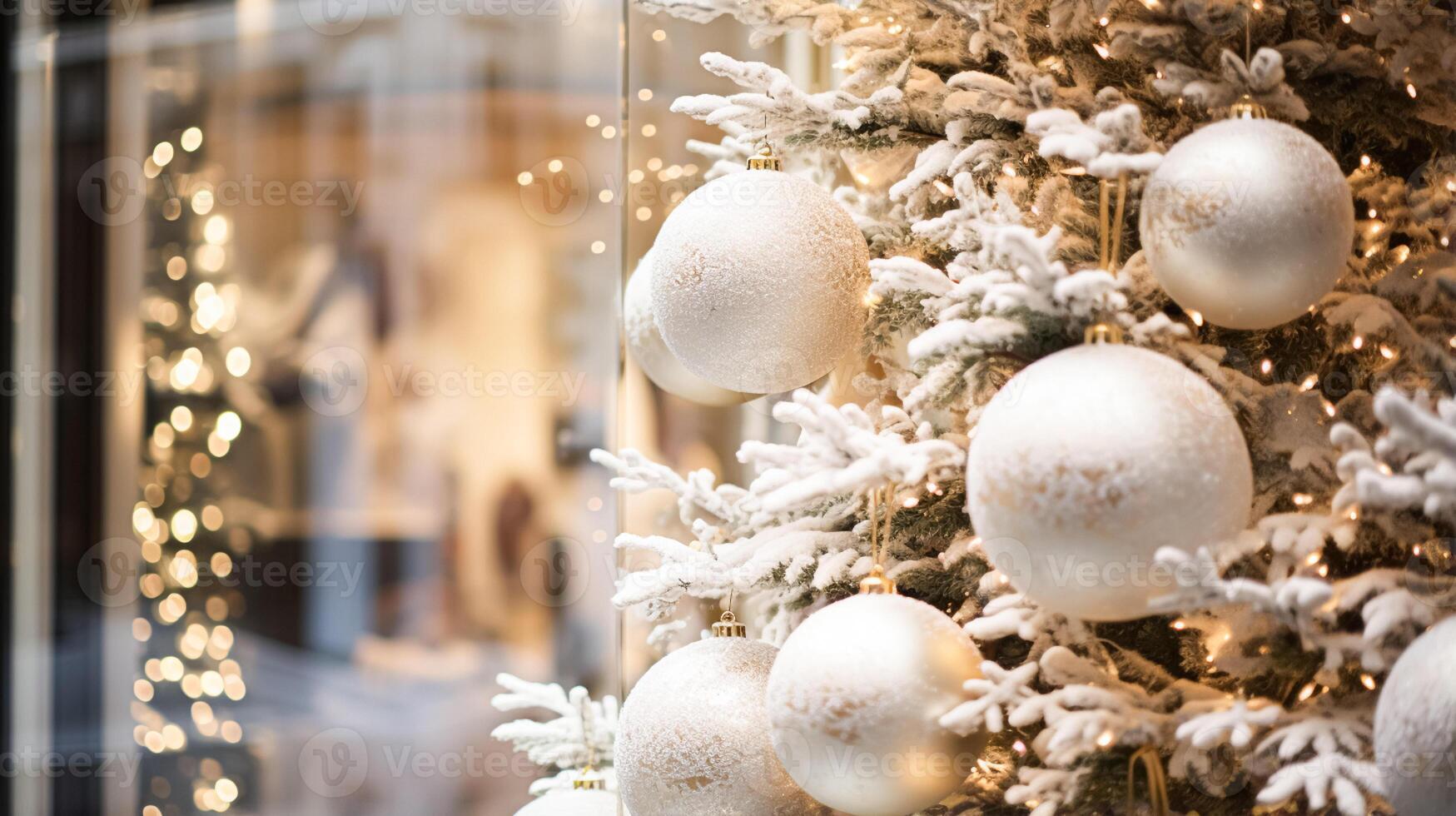 ai gegenereerd Kerstmis decoratie details Aan Engels gestileerd luxe hoog straat stad op te slaan deur of boodschappen doen venster Scherm, vakantie uitverkoop en winkel decor foto