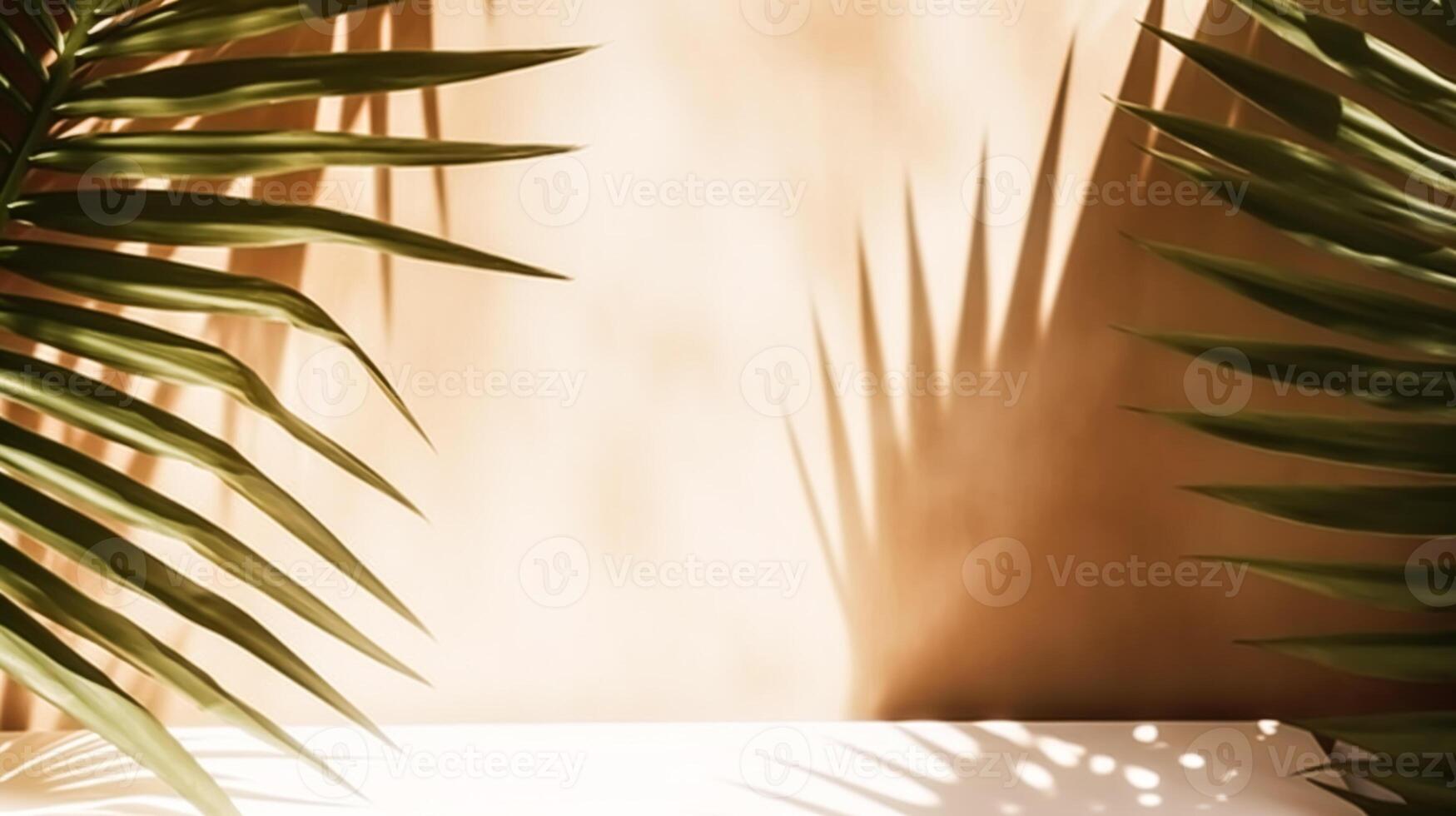 ai gegenereerd tropisch achtergrond voor een Product plaatsing, palm boom bladeren en zonlicht schaduwen Aan de muur, minimalistisch botanisch achtergrond, palmen Aan een heet zonnig dag, generatief ai foto