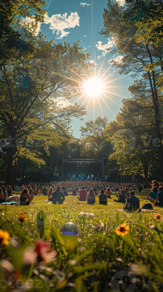 ai gegenereerd concert in de park voor Victoria dag, leven muziek, gemeenschap bijeenkomst, buitenshuis, vieren Canadees erfgoed en patriottisme. foto