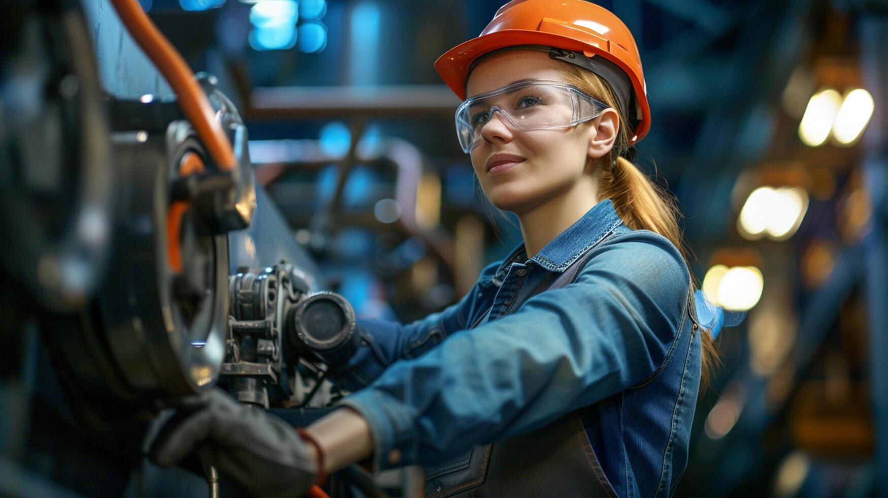 ai gegenereerd glimlachen vrouw arbeider in modern industrieel milieu werken foto