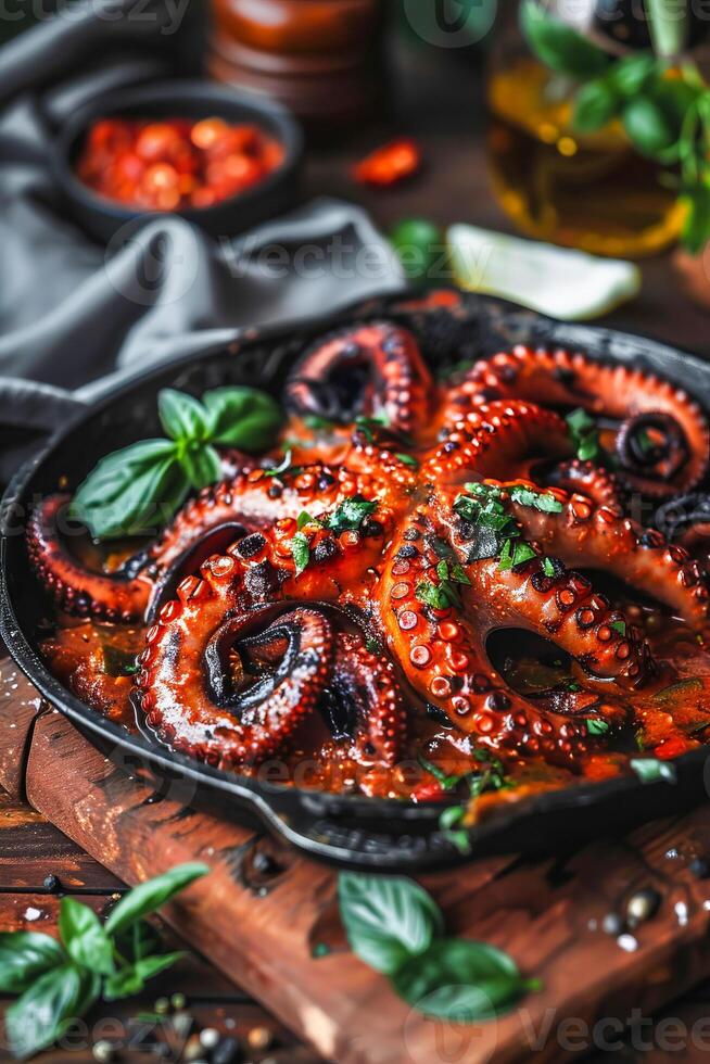 ai gegenereerd gegrild Octopus in pittig saus. foto