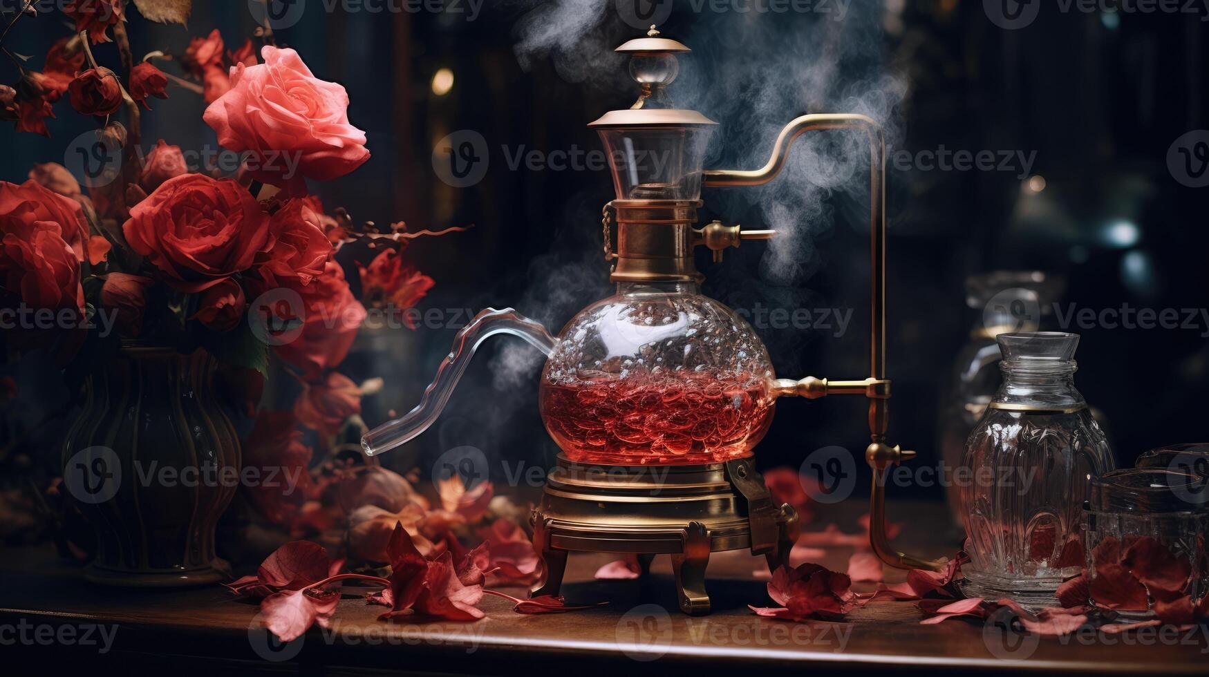 ai gegenereerd generatief ai, essentieel olie extractie met distilleerderij machine met roos bloemen foto