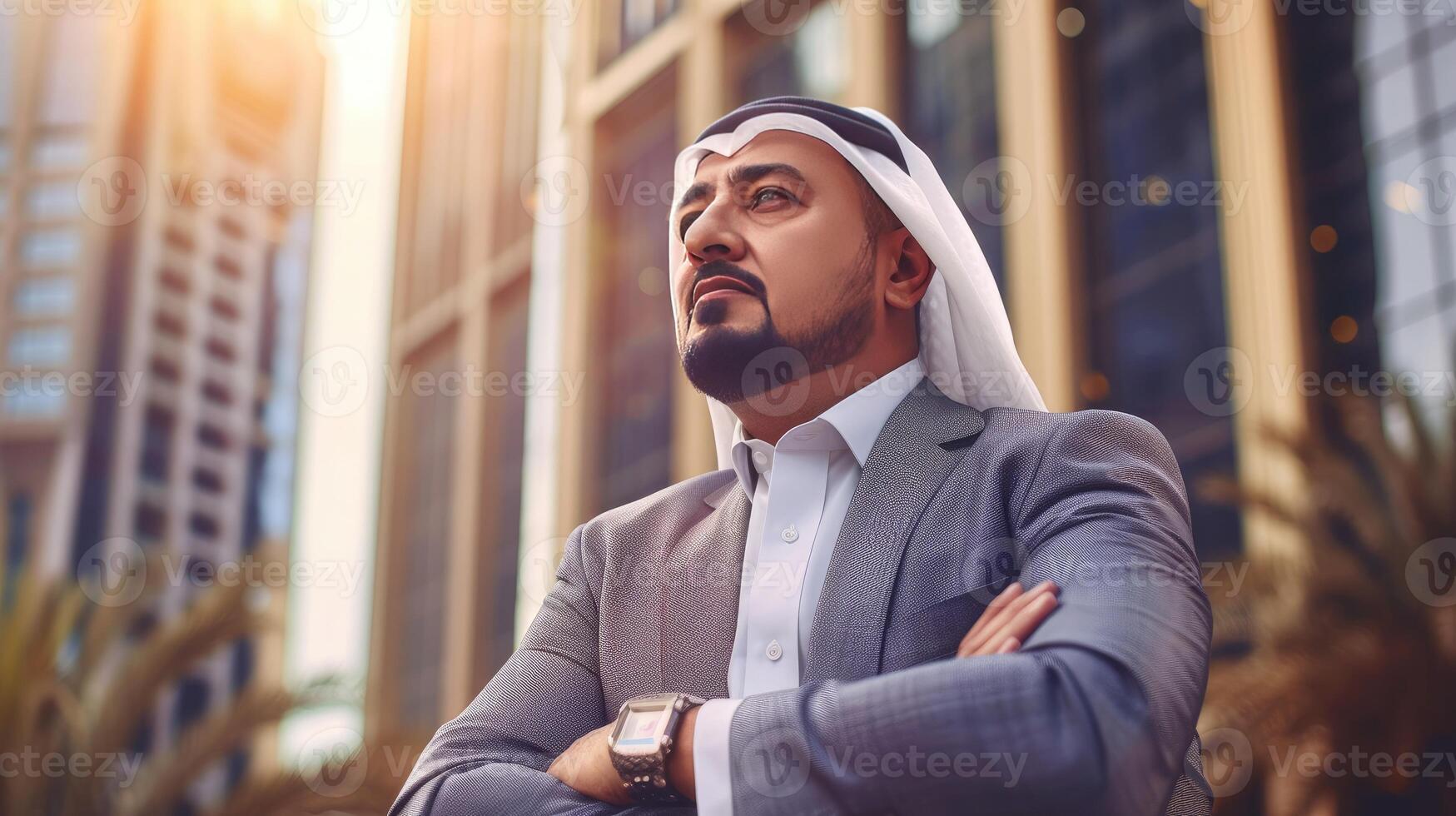 ai gegenereerd een succesvol Arabisch zakenman met uit van focus stad gebouwen in de achtergrond foto