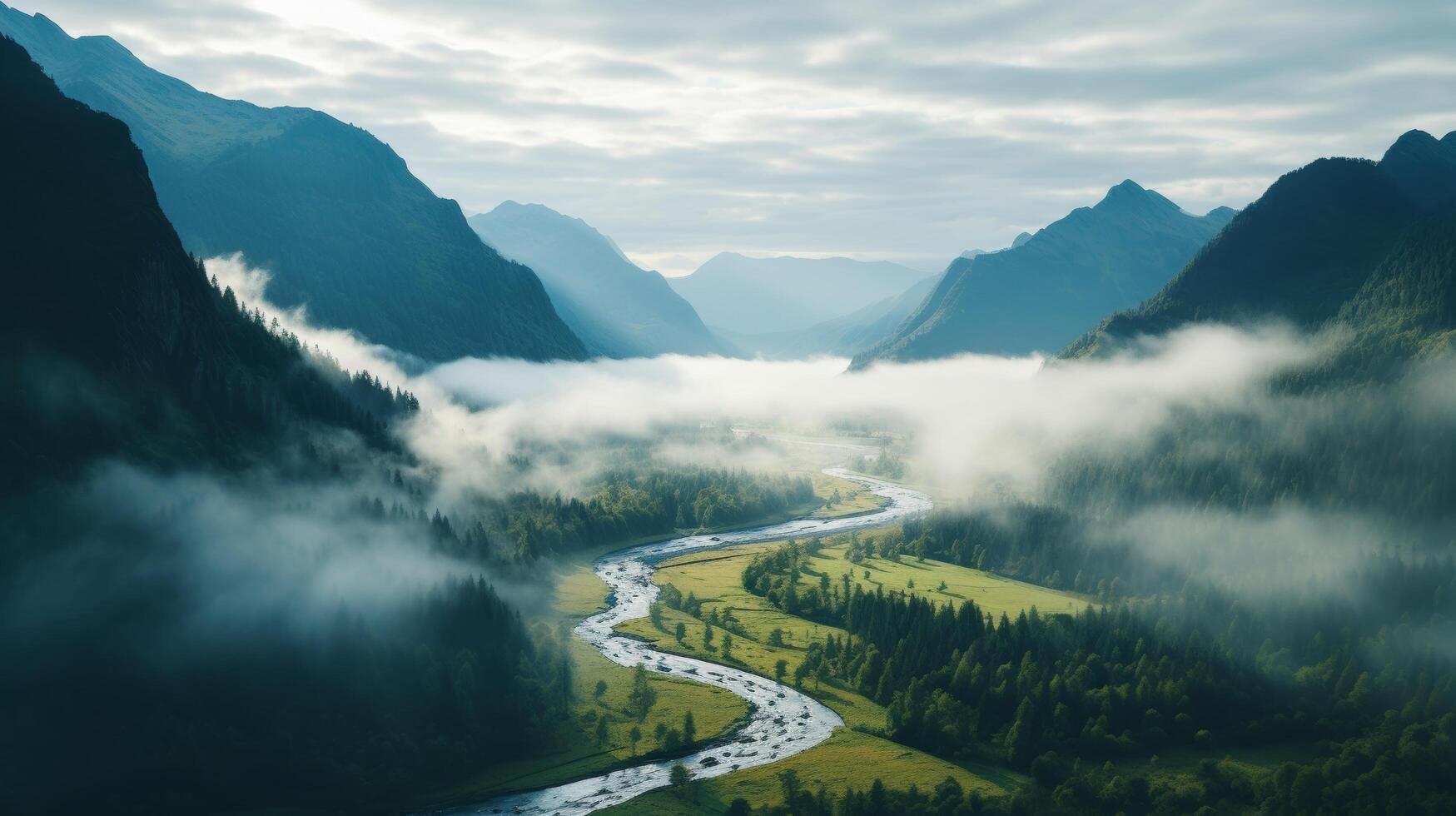 ai gegenereerd breed hoek landschap van nevelig berg vallei foto