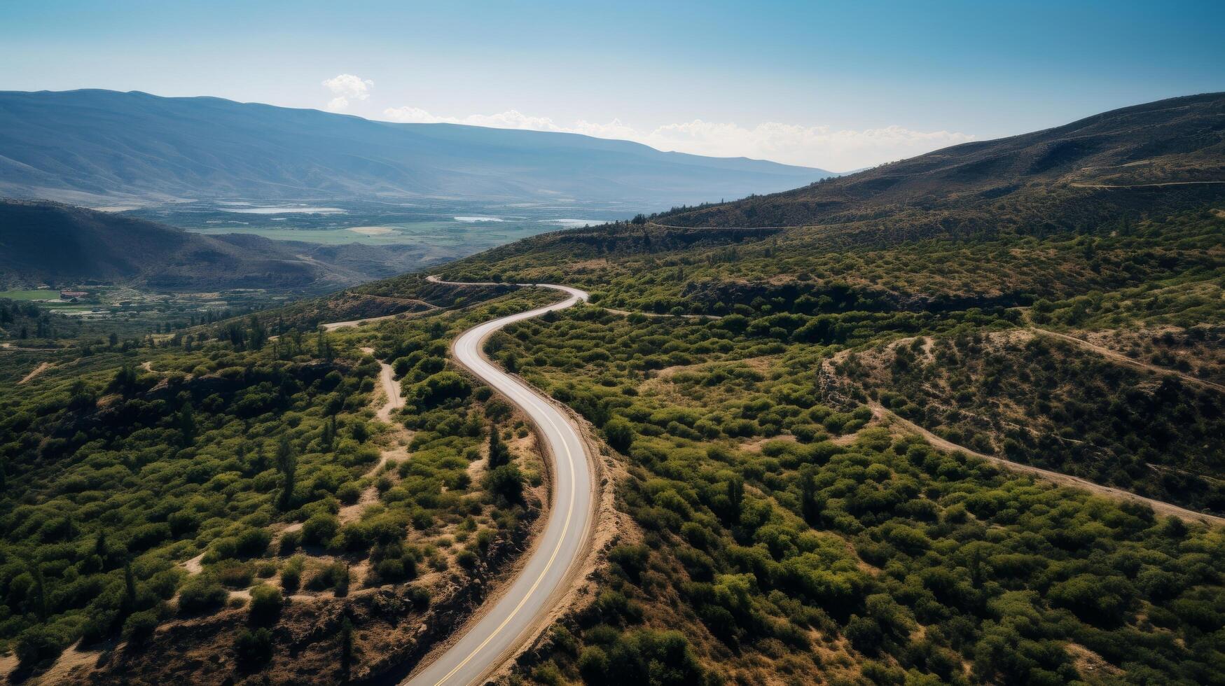 ai gegenereerd kronkelend berg weg van bovenstaand toneel- reizen bestemming foto