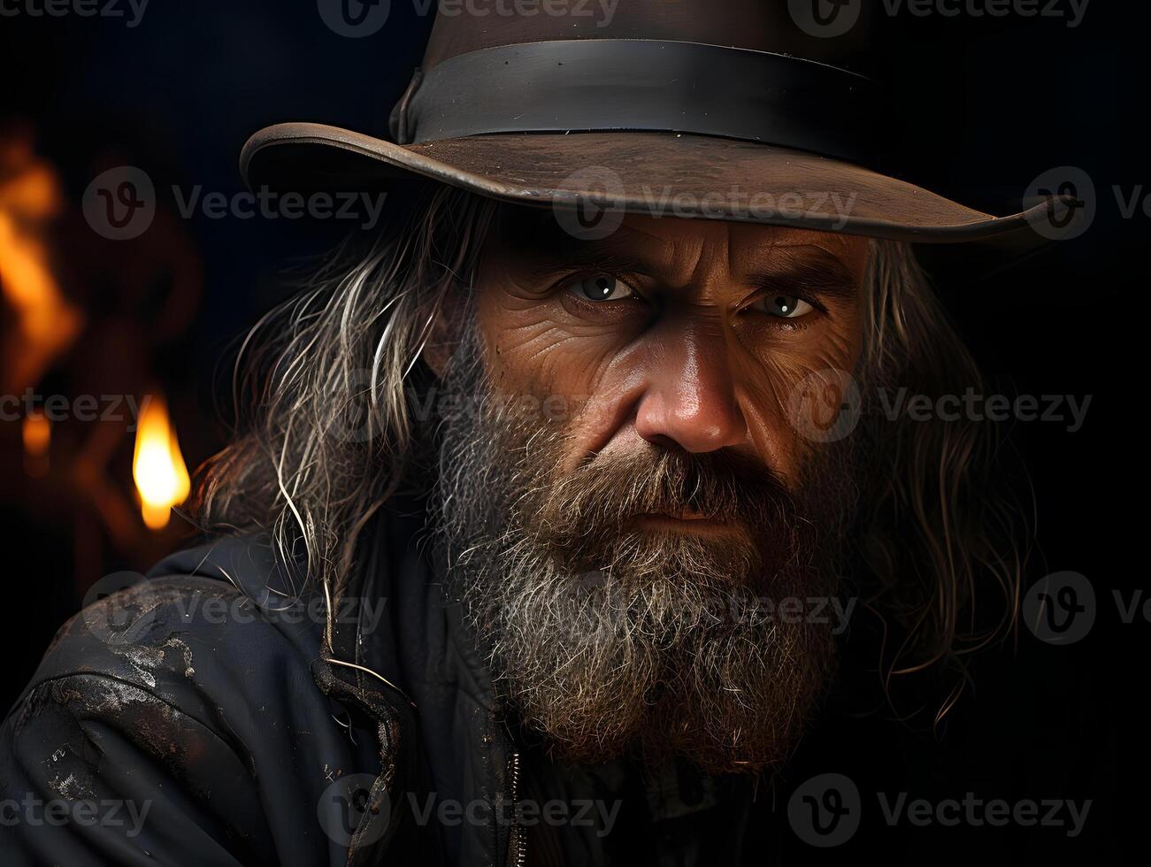 ai gegenereerd portret van een gebaard oud cowboy vervelend een hoed tegen een donker achtergrond. wild western Mens. generatief ai foto