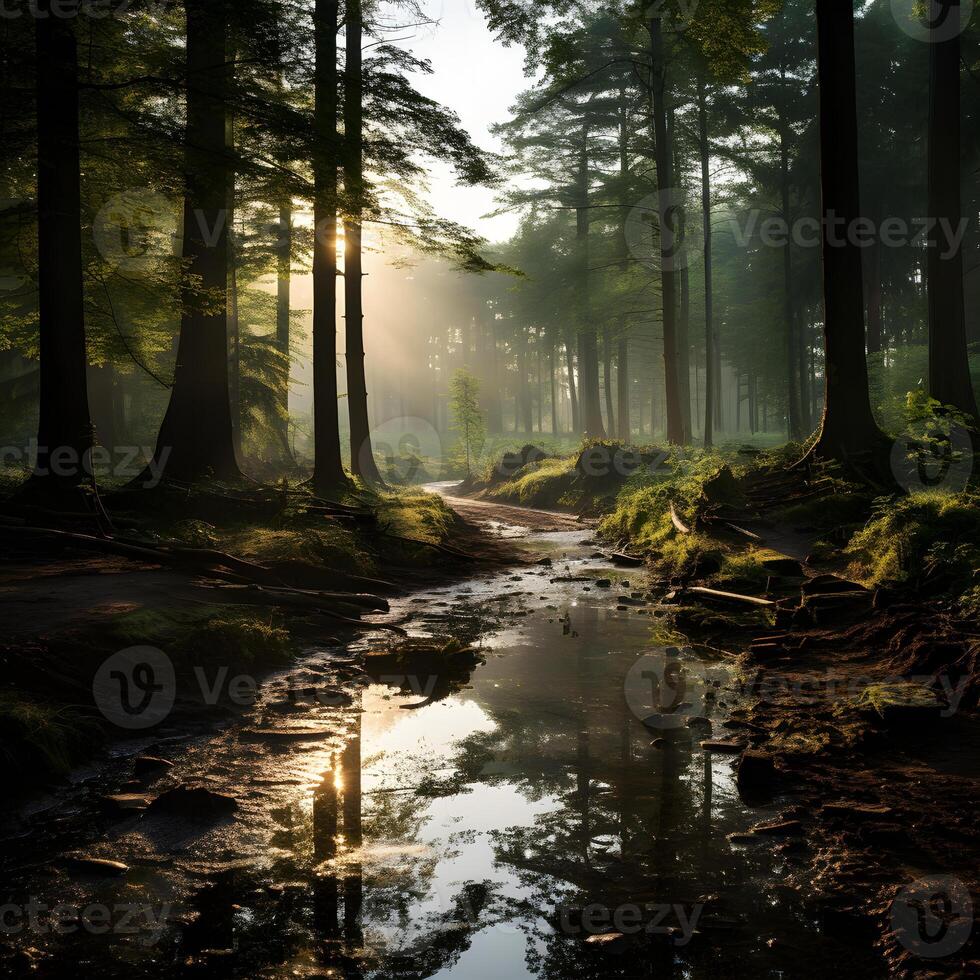 ai gegenereerd een rustig rivier- in de midden- van de Woud met doordringend zonlicht. generatief ai foto