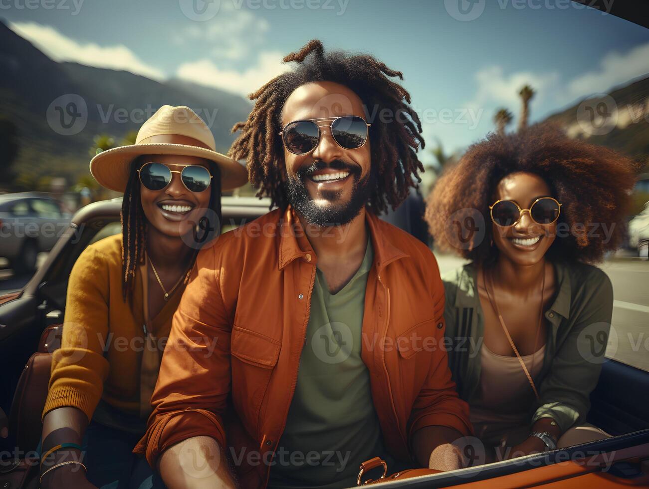 ai gegenereerd groep van gelukkig Afrikaanse vrienden op reis door auto. generatief ai foto