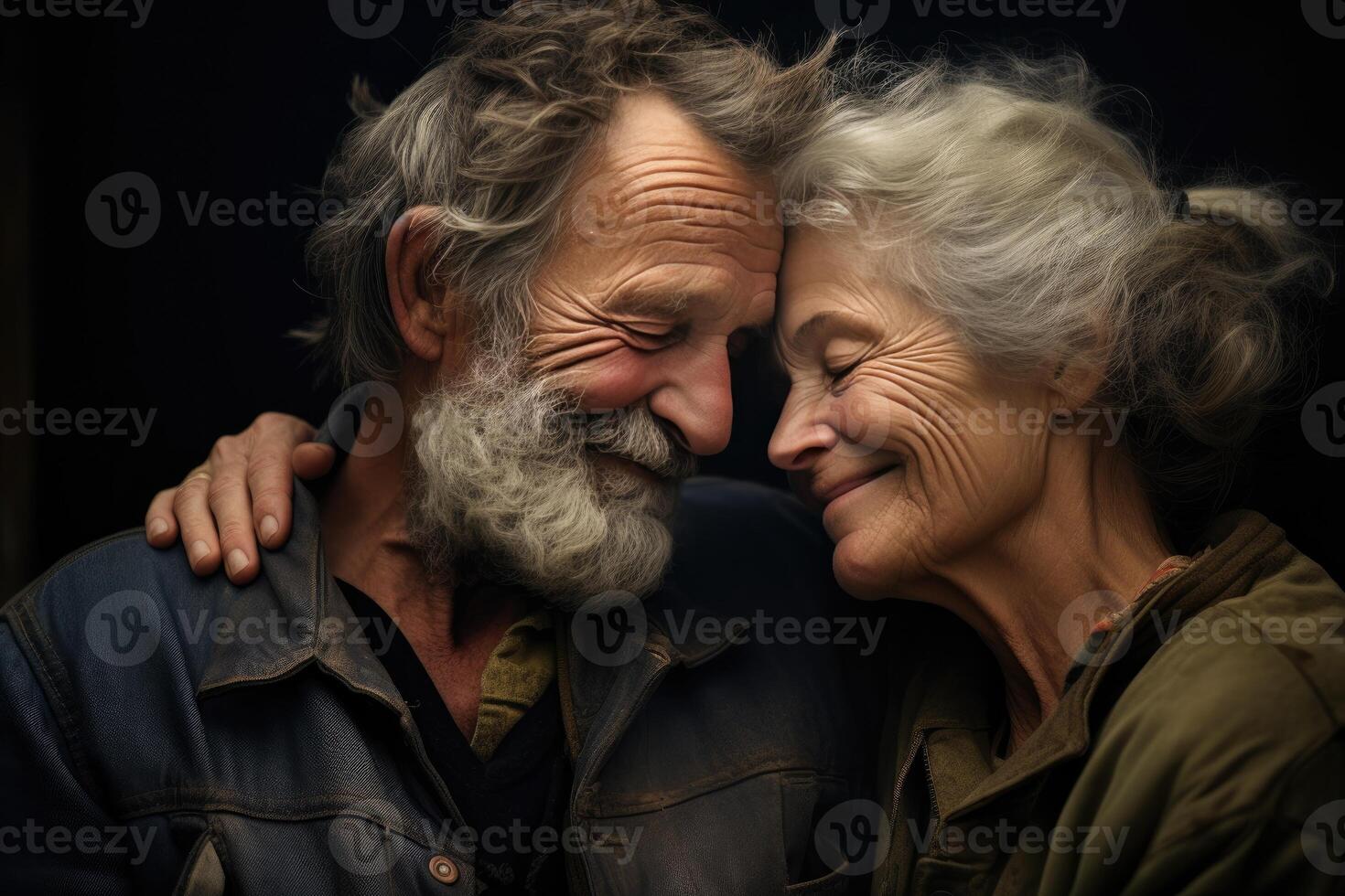 ai gegenereerd een ouder Mens en vrouw omarmen Aan donker achtergrond foto