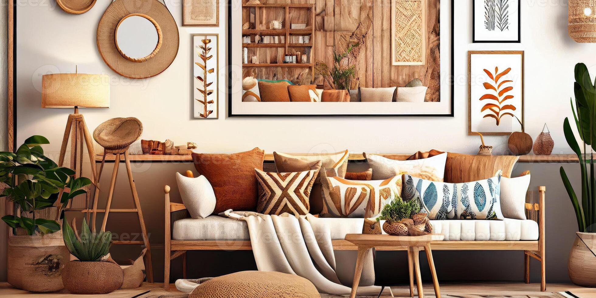 elegant Scandinavisch leven kamer met ontwerp munt bank, meubels, bespotten omhoog poster kaart, planten en elegant persoonlijk accessoires. modern huis decor. helder en zonnig kamer. generatief ai illustratie. foto