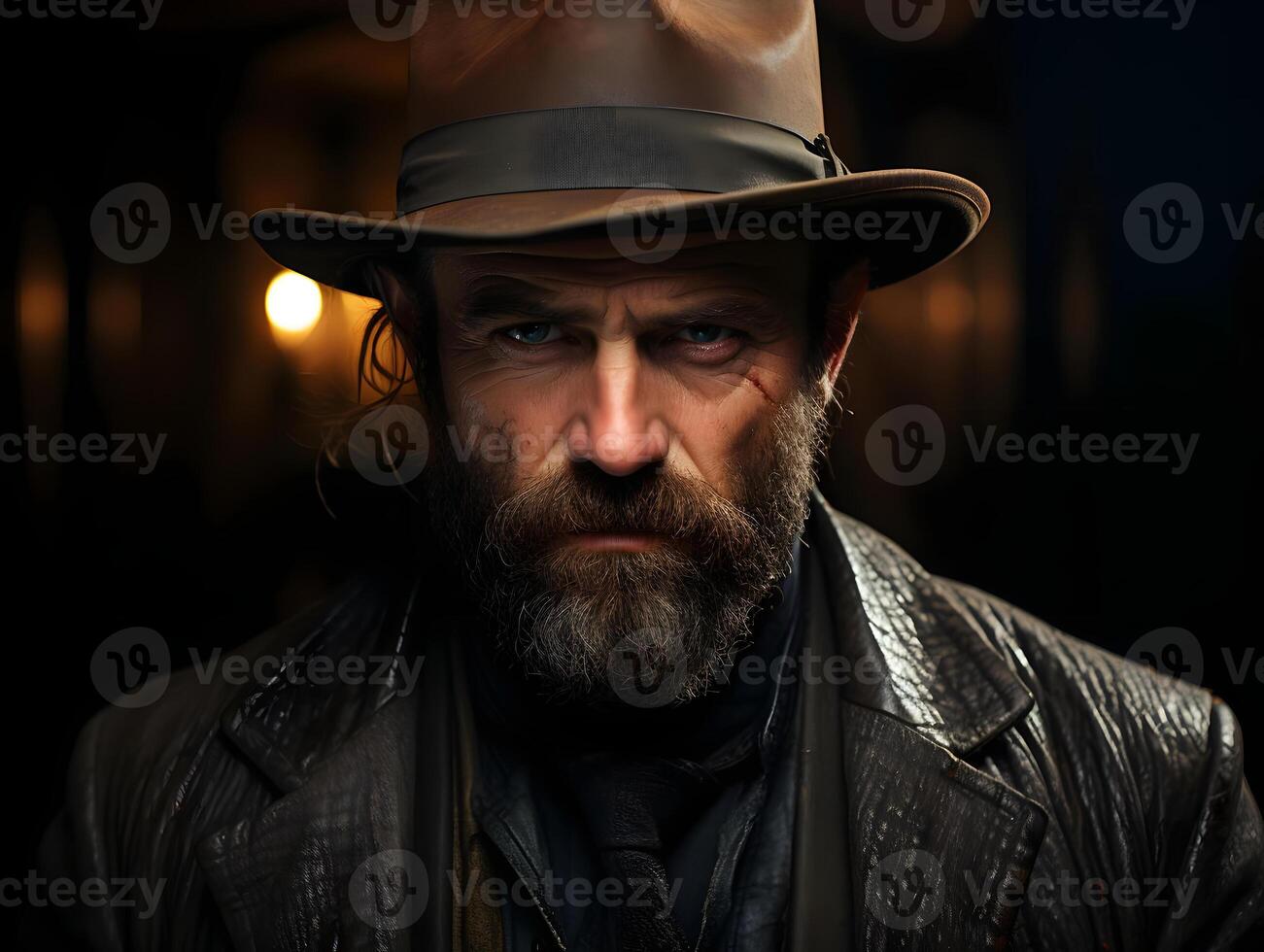 ai gegenereerd portret van een gebaard oud cowboy vervelend een hoed tegen een donker achtergrond. wild western Mens. generatief ai foto