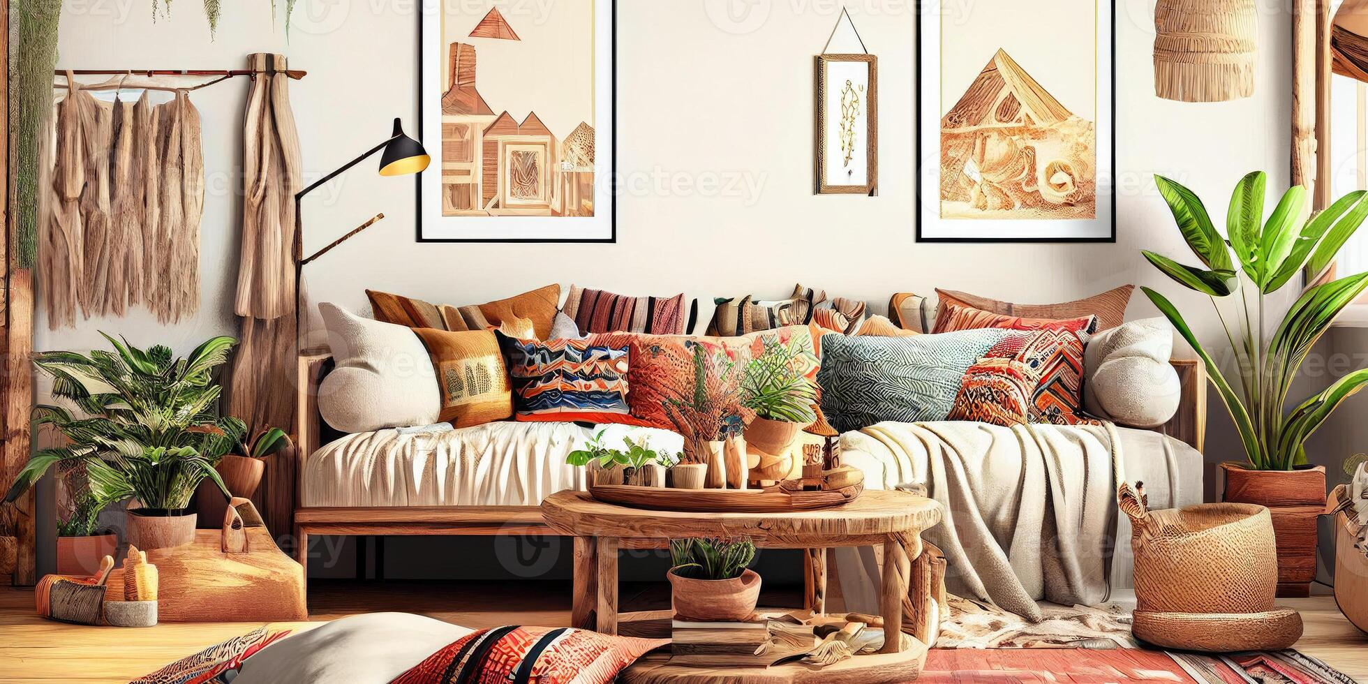 elegant Scandinavisch leven kamer met ontwerp munt bank, meubels, bespotten omhoog poster kaart, planten en elegant persoonlijk accessoires. modern huis decor. helder en zonnig kamer. generatief ai illustratie. foto