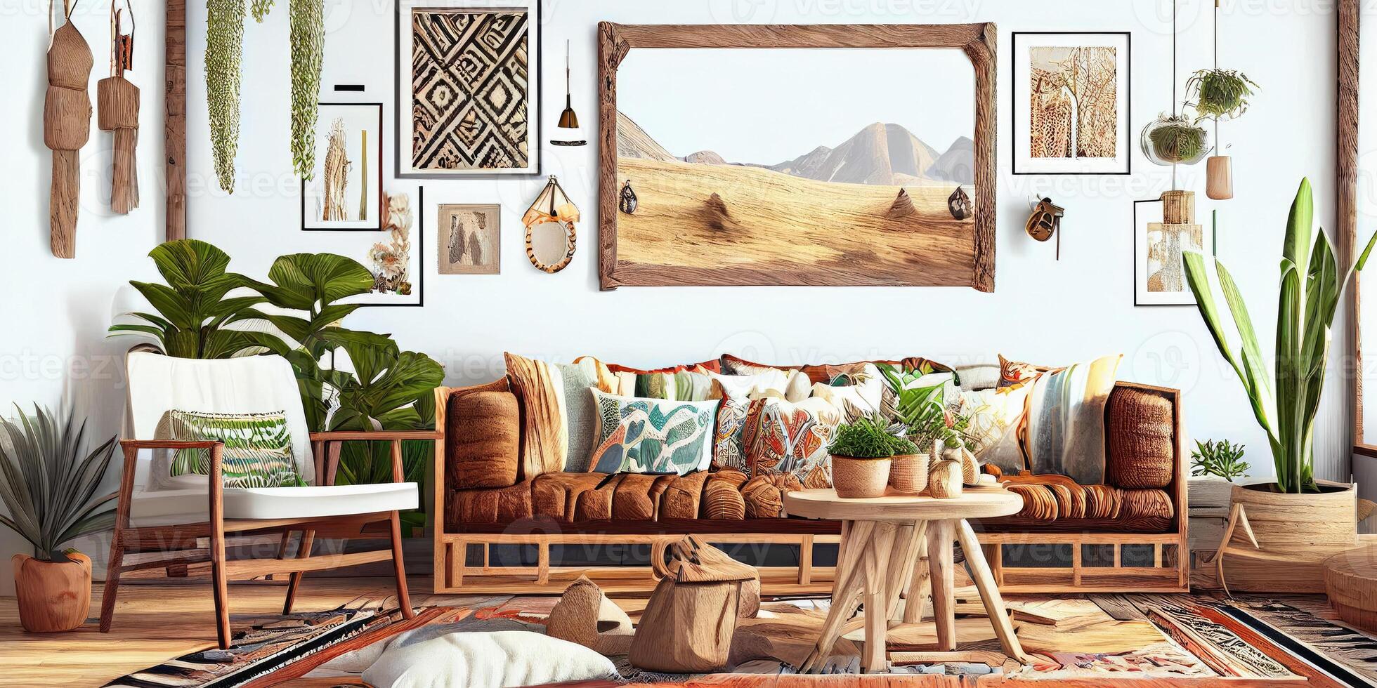 elegant Scandinavisch leven kamer met ontwerp munt bank, meubels, bespotten omhoog poster kaart, planten en elegant persoonlijk accessoires. modern huis decor. helder en zonnig kamer. generatief ai illustratie. foto