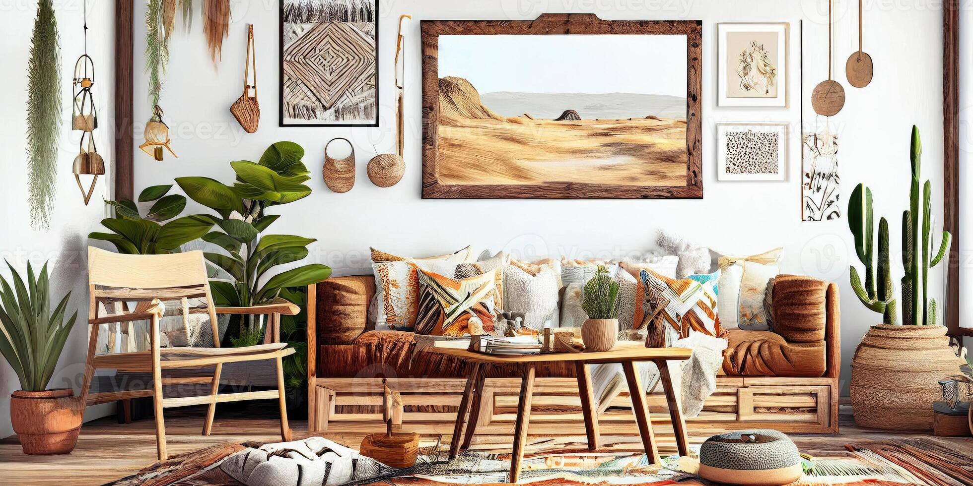 elegant Scandinavisch leven kamer met ontwerp munt bank, meubels, bespotten omhoog poster kaart, planten en elegant persoonlijk accessoires. modern huis decor. helder en zonnig kamer. generatief ai illustratie. foto