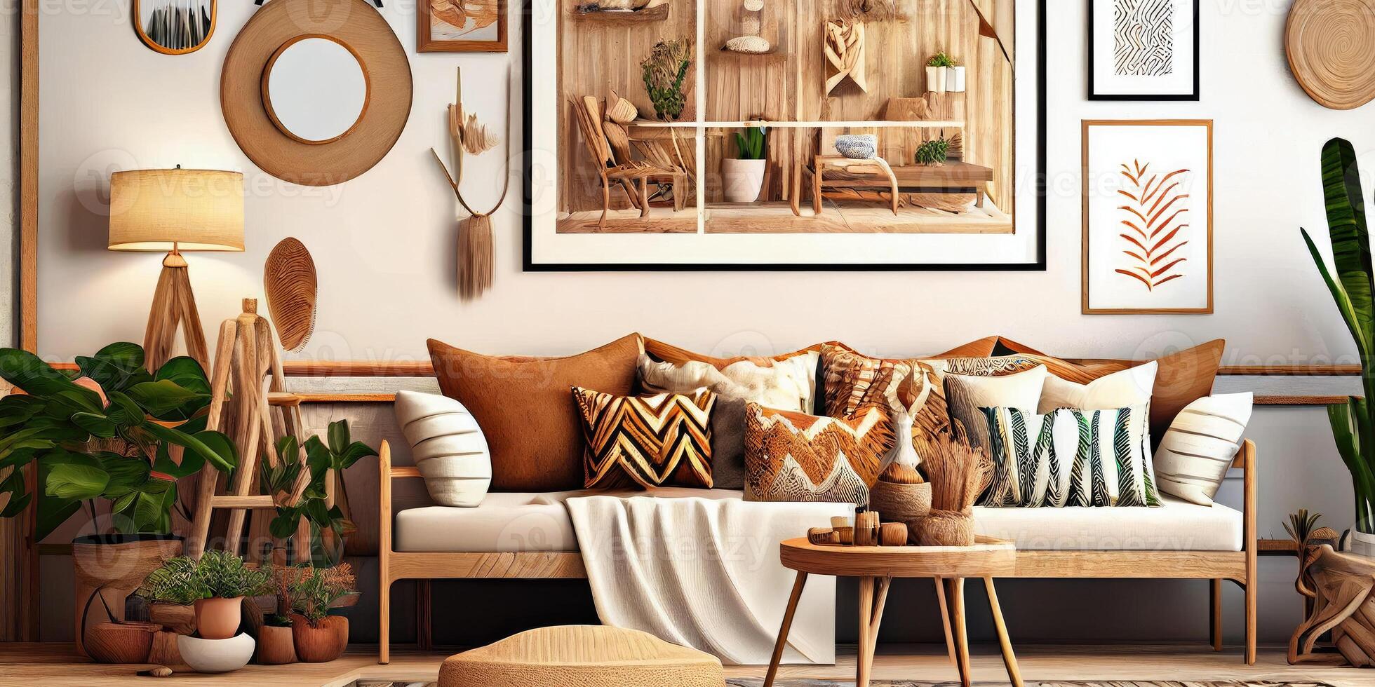 elegant Scandinavisch leven kamer met ontwerp munt bank, meubels, bespotten omhoog poster kaart, planten en elegant persoonlijk accessoires. modern huis decor. helder en zonnig kamer. generatief ai illustratie. foto