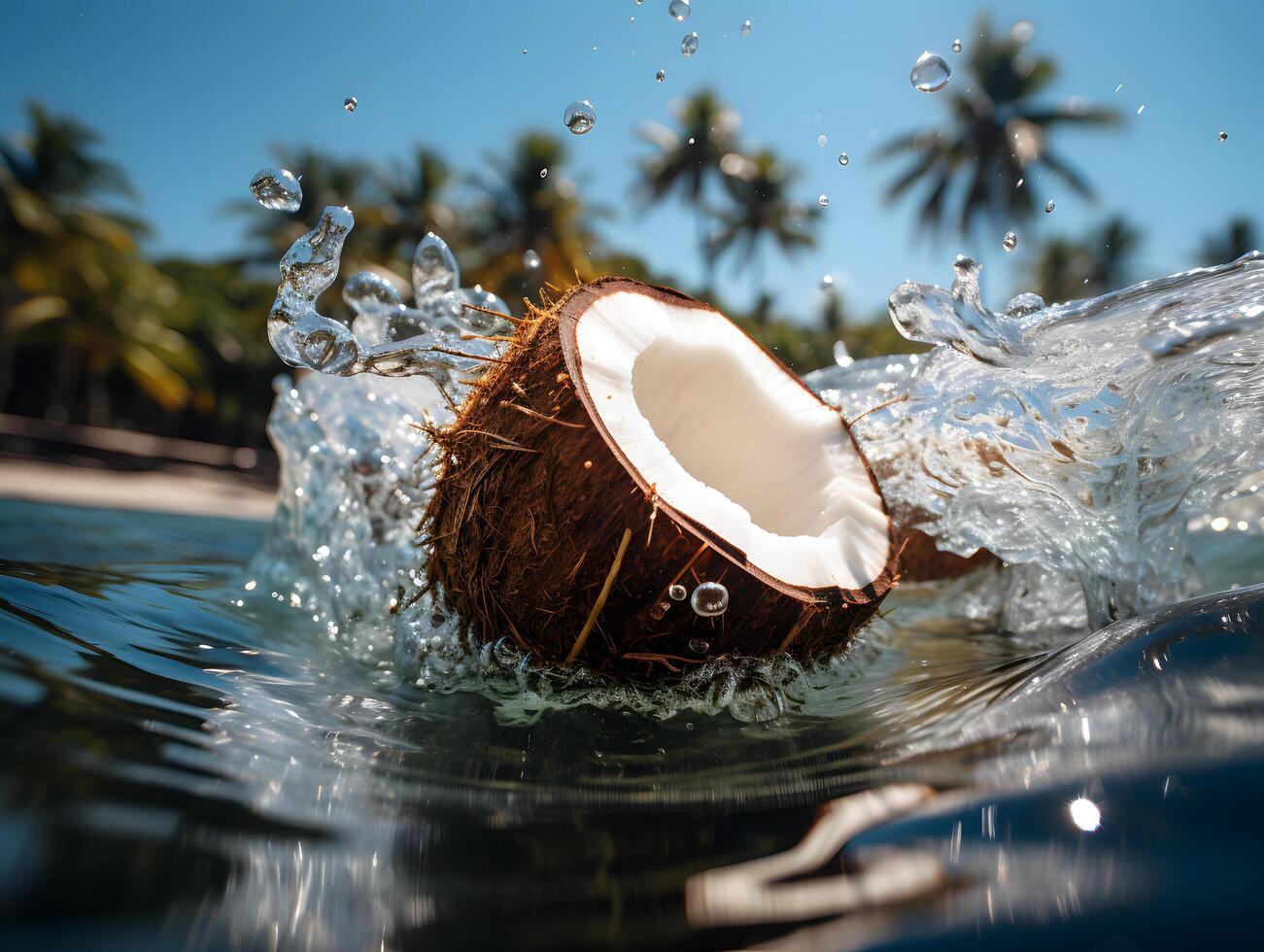 ai gegenereerd gebarsten kokosnoot valt van boom in de zee met een plons van water. generatief ai foto