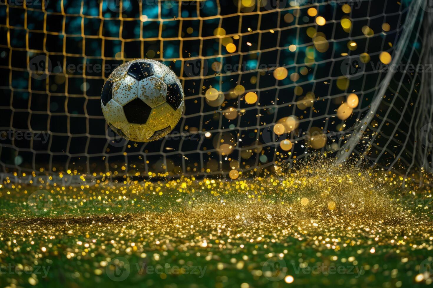 ai gegenereerd voetbal bal wezen geschopt in de doel netto met gouden sprankelend confetti en schitteren. generatief ai foto