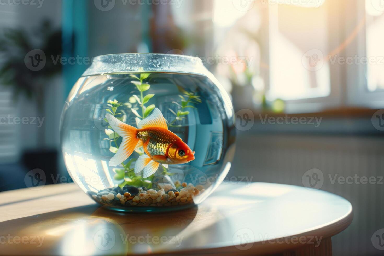 ai gegenereerd aquarium met goudvis Aan de tafel in de zonnig kamer. generatief ai foto