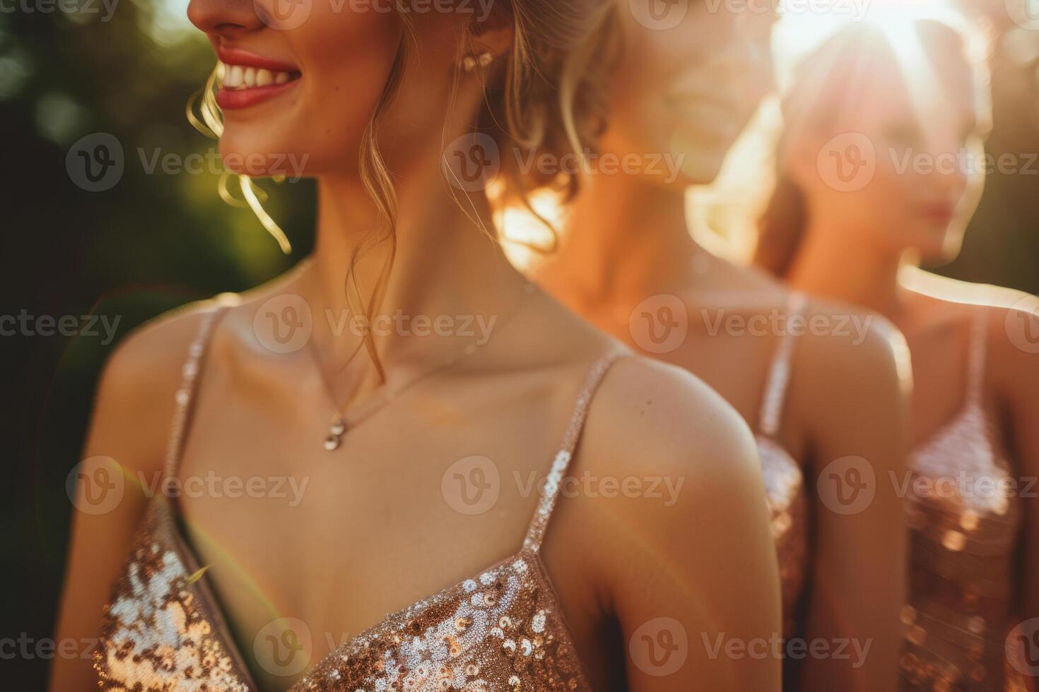 ai gegenereerd detailopname van bruidsmeisjes in helder pailletten jurken Bij bruiloft ceremonie. generatief ai foto