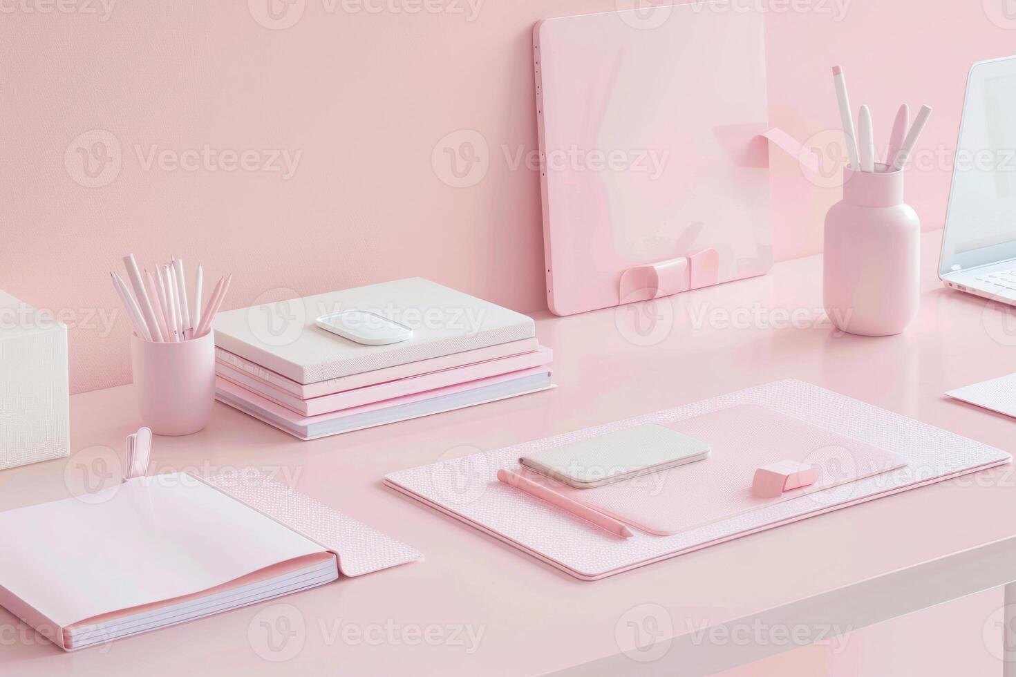 ai gegenereerd pastel gekleurde werkruimte met een minimalistisch bureau en zacht roze briefpapier. generatief ai foto