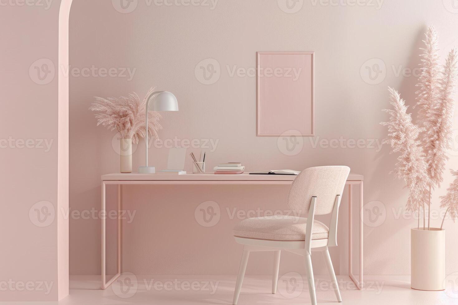 ai gegenereerd pastel gekleurde werkruimte met een minimalistisch bureau en zacht roze briefpapier. generatief ai foto