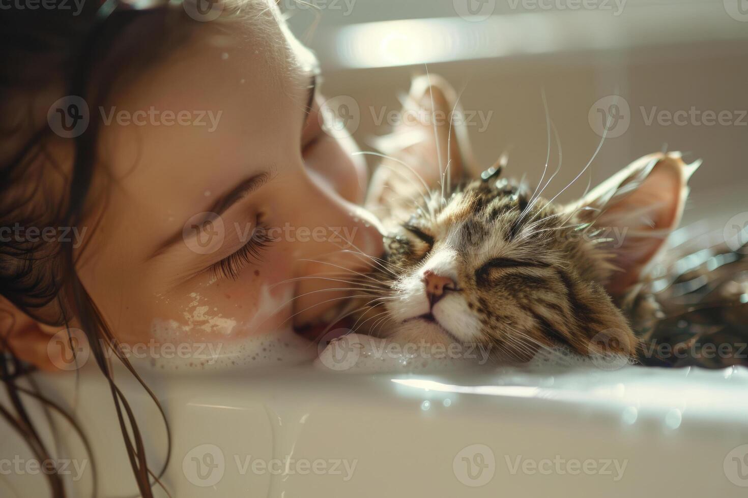 ai gegenereerd pluizig nat kat en meisje in de badkamer. meisje wast haar huisdier in een bad. generatief ai foto