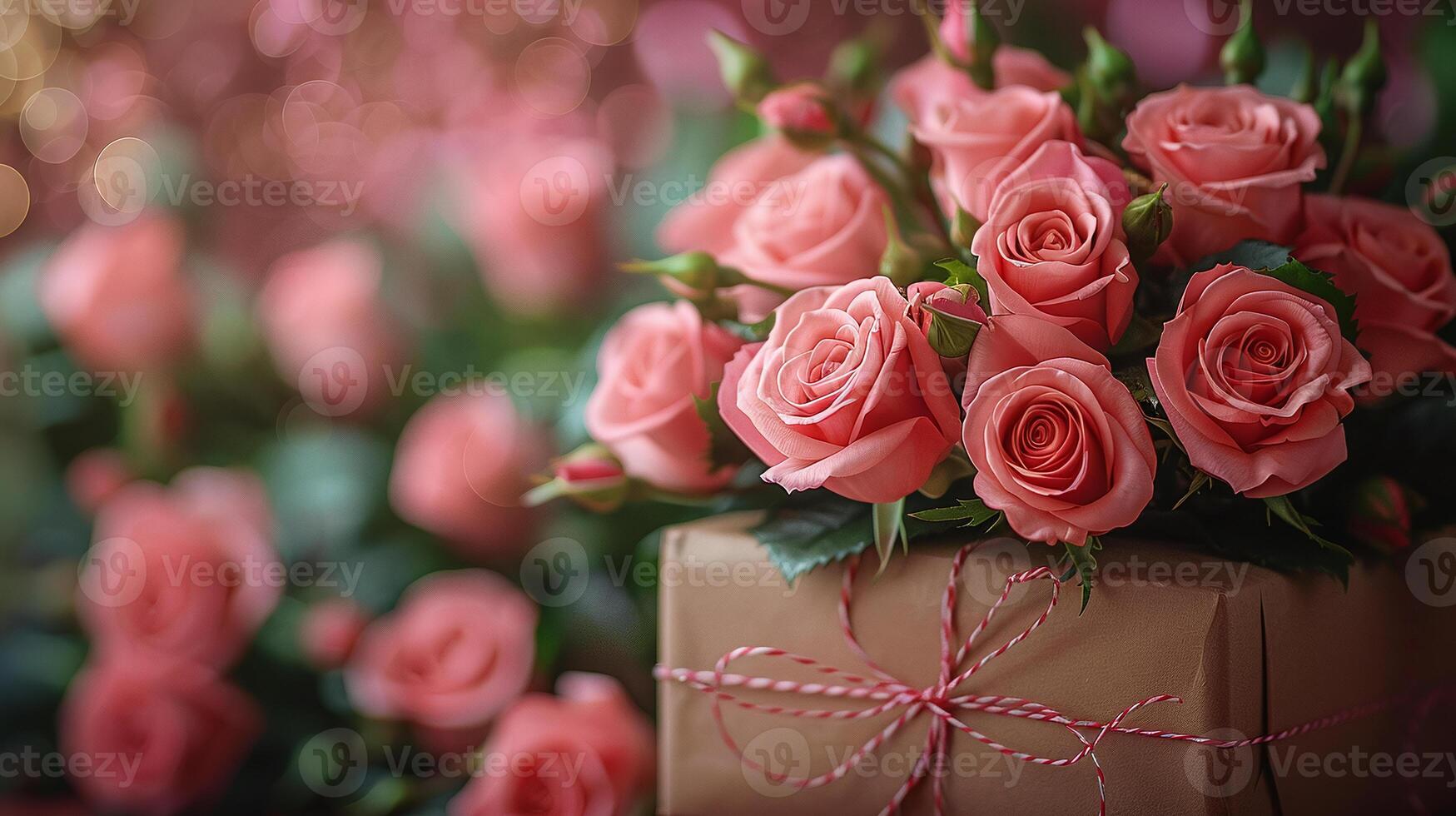 ai gegenereerd elegant roze rozen boeket Aan geschenk doos met boog voor moeder dag achtergrond, perfect voor groeten en viering foto