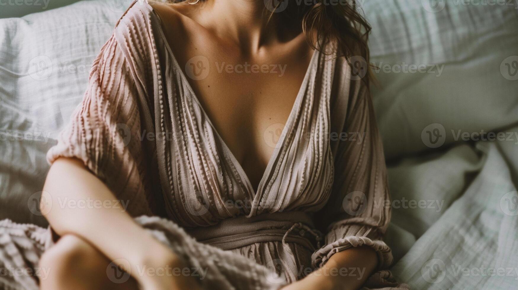 ai gegenereerd jong vrouw in badjas zittend Aan bed Bij huis en ontspannend. foto