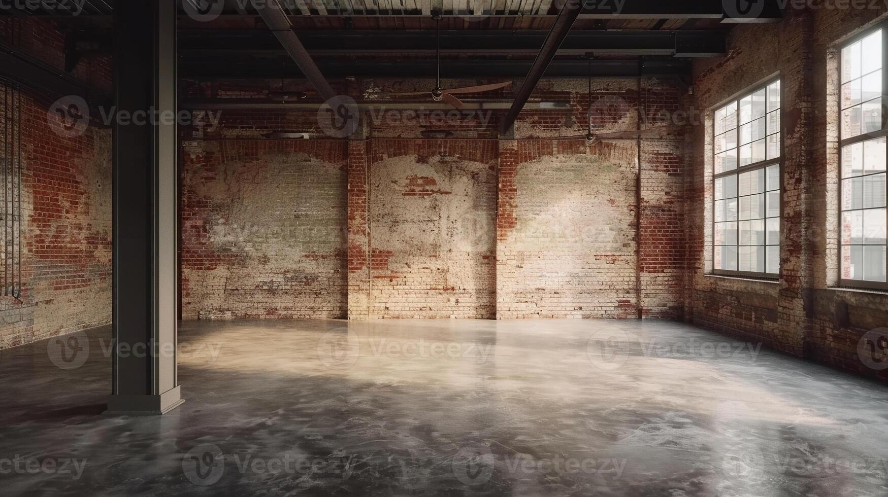 ai gegenereerd leeg oud magazijn met industrieel zolder stijl. steen muur, beton vloer, zwart staal dak foto