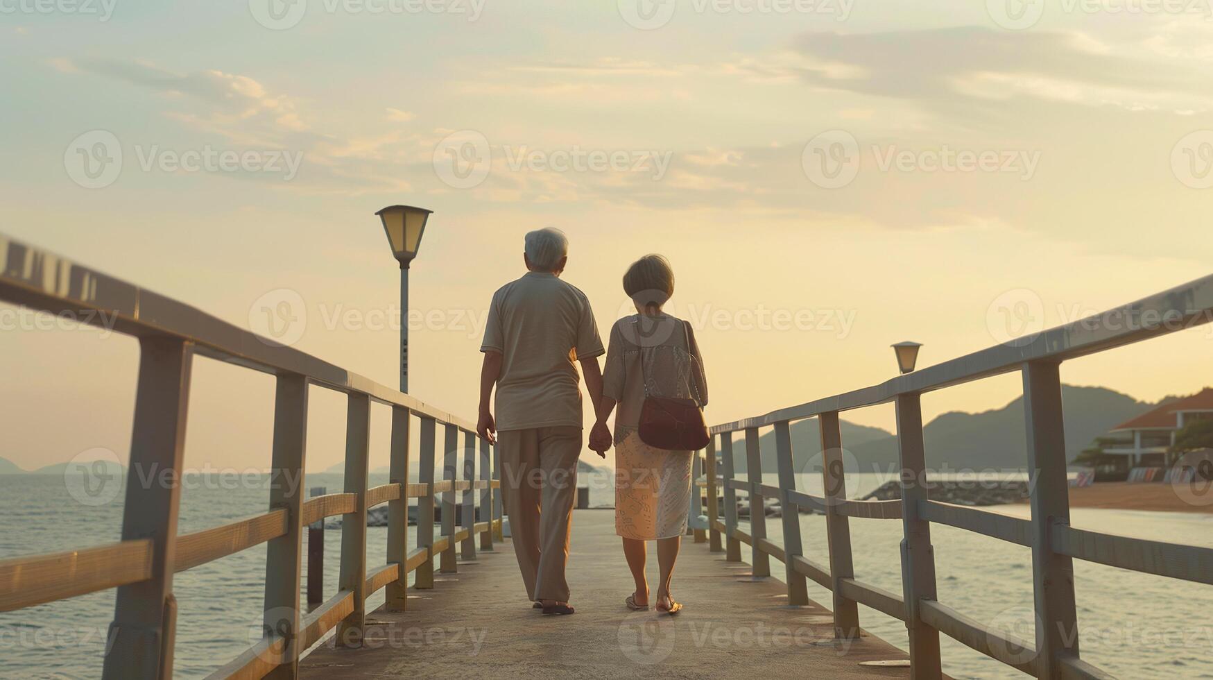 ai gegenereerd senior paar wandelen Bij strand. brug, romantiek, romantisch, liefde, volwassen, affectie, vrije tijd, zee, oud foto