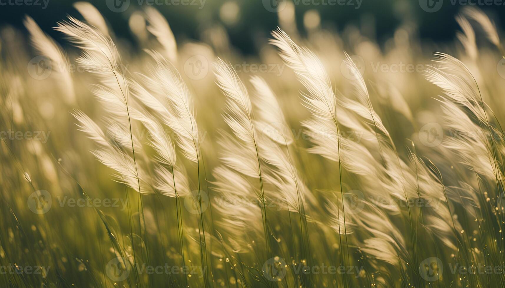 ai gegenereerd veer gras Aan de zomer weide. mooi, magisch, abstract achtergrond van gras in de zomer weide. veer gras fladderend in de wind. foto