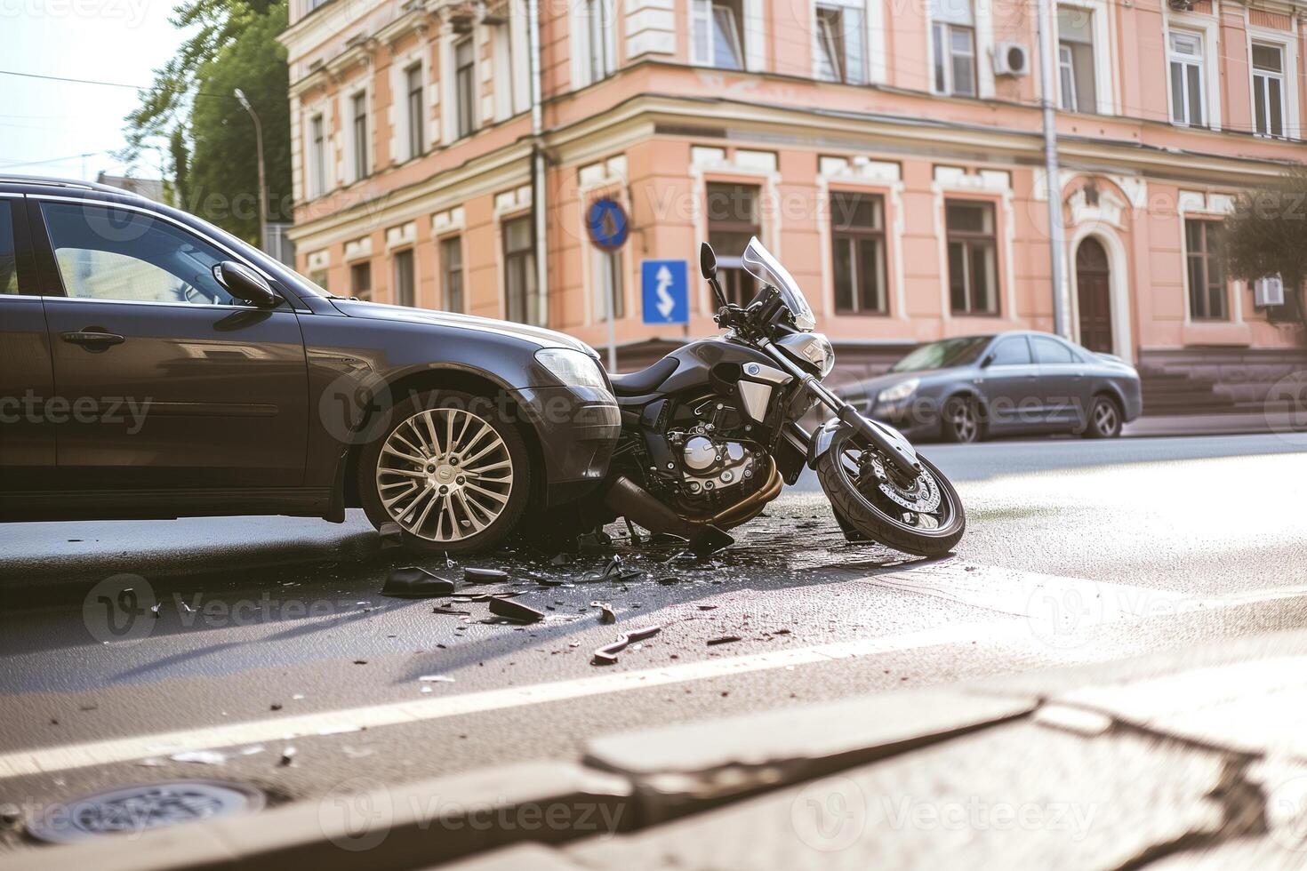 ai gegenereerd een motorfiets crashte in een auto Aan een stad straat, ongeluk van de auto en de motorrijder foto