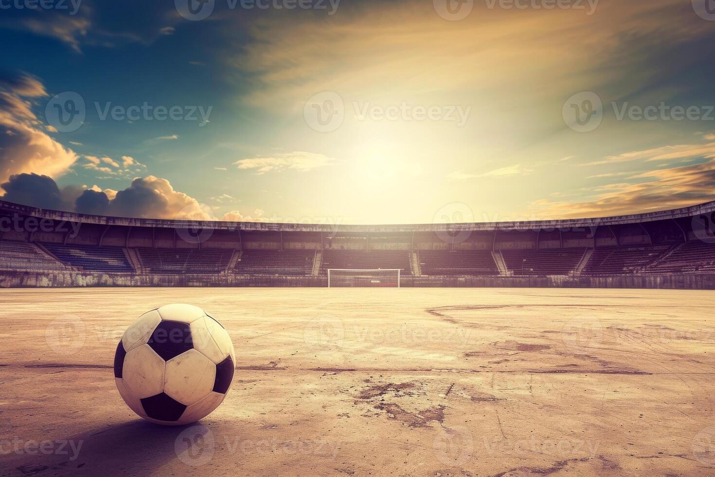 ai gegenereerd detailopname van oud voetbal bal in de stadion in de avond licht, generatief ai foto